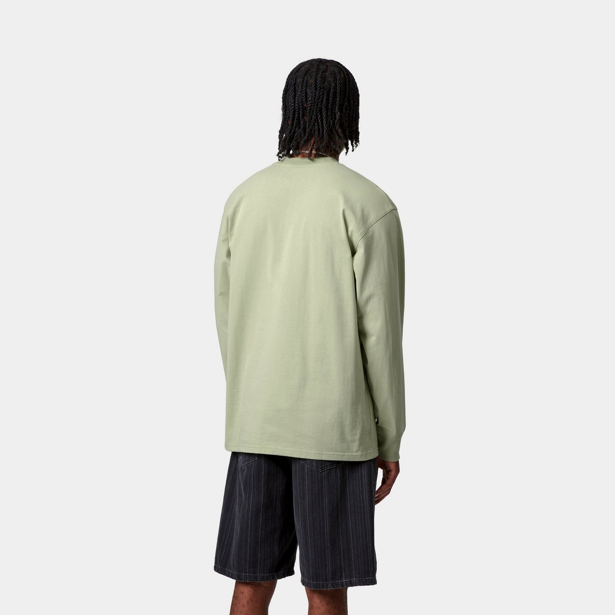 Vintage American Script Long Sleeve T-Shirt for Men & Women | Soft Cotton Crewneck Tee in Pale Olive Green | Casual Wear, Street Style, Everyday Outfit
