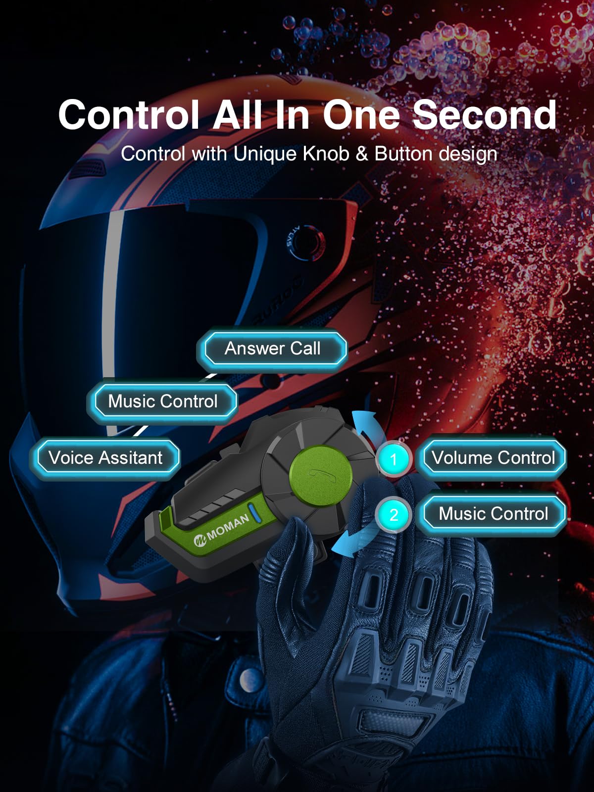 Moman H2 Pro Motorcycle Helmet Intercom System - Wireless Bluetooth 5.1 Communication Headset with DSP & CVC Noise Cancellation, AI Voice Assistant, Music Sharing (Green) - Perfect for Group Riding, Touring & Adventure Motorcycling