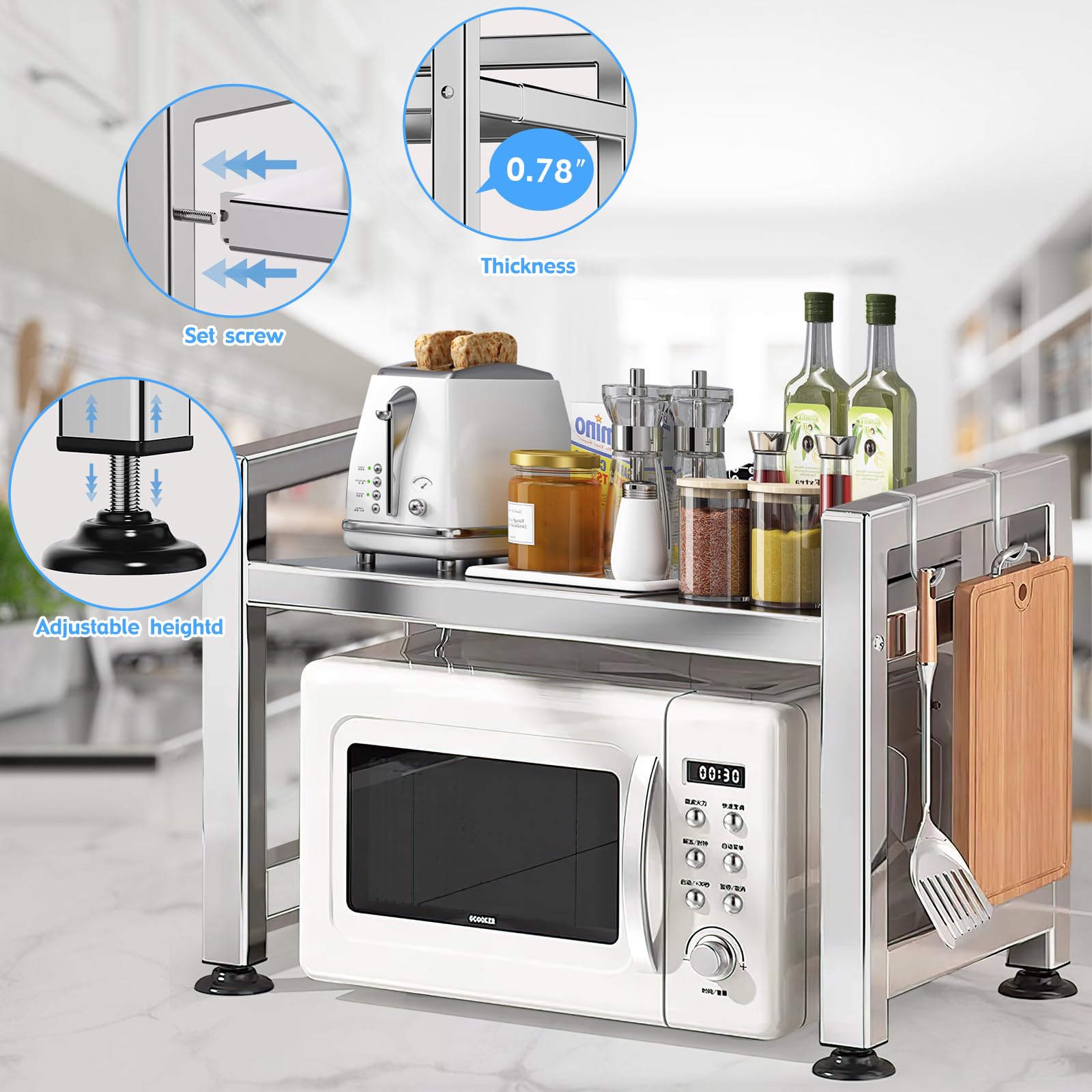 Extendable 2-Tier Stainless Steel Microwave Oven Rack with 4 Hooks - Adjustable Countertop Shelf Organizer for Kitchen Utensils & Tableware Storage - Perfect for Small Spaces, Microwave Stands, and Countertop Organization