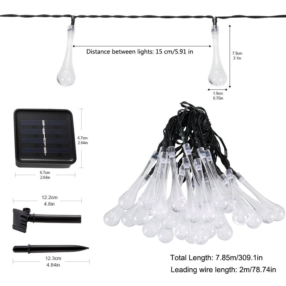 DINOWIN 20ft Solar Drop Lights - 30LEDs Waterproof Fairy Lights for Outdoor, Garden, Christmas Decorations (Purple) | Perfect for Patio, Yard, Wedding & Holiday Lighting
