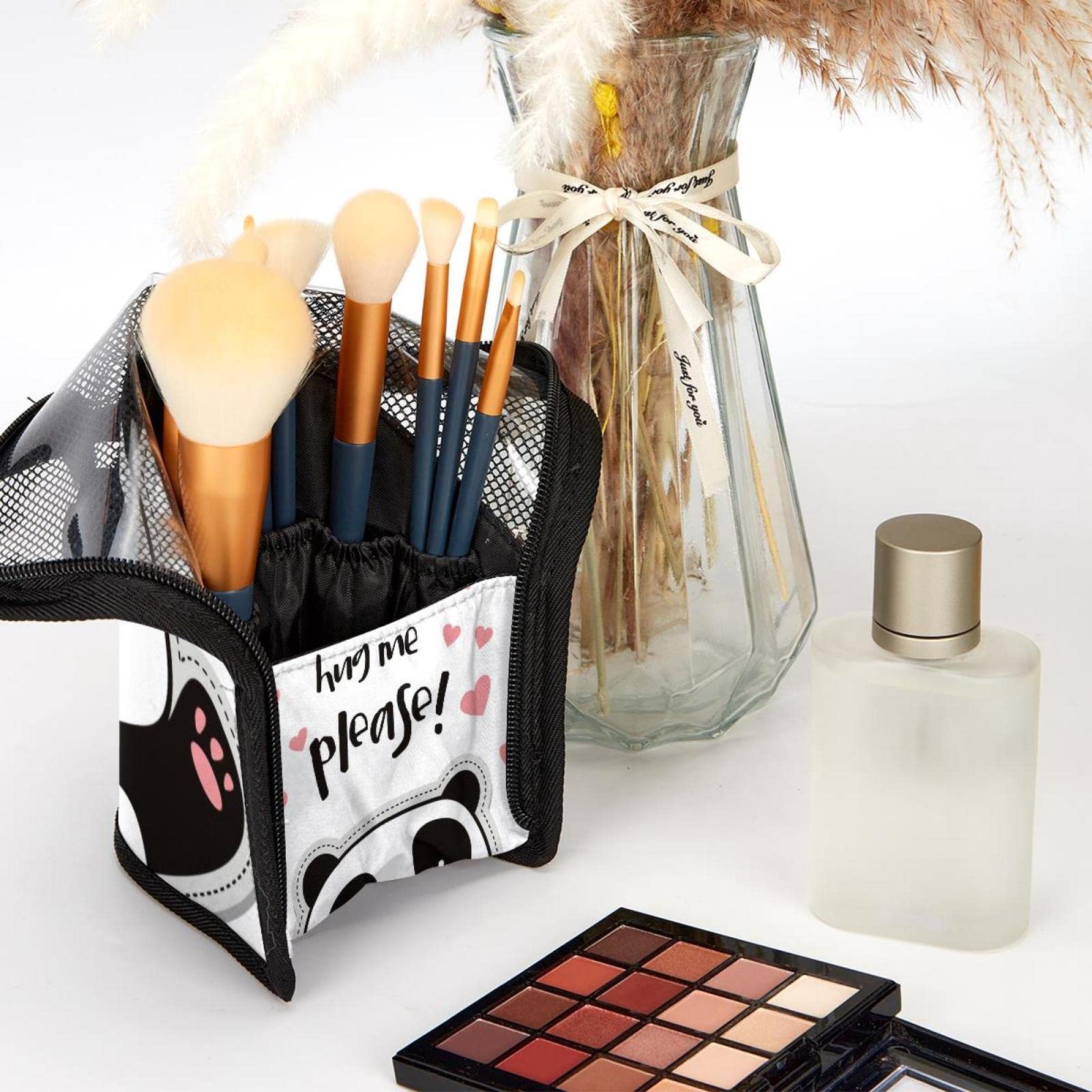 Portable Panda Bear Makeup Brush Organizer Bag with 12 Brush Holder - Perfect for Travel, Home Vanity & Professional Makeup Artist Kit