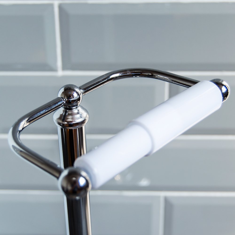 Sturdy Chrome Metal Floor Standing Toilet Paper Holder - Bathroom Tissue Roll Stand for Home, Office & Restrooms - Durable & Space-Saving Design