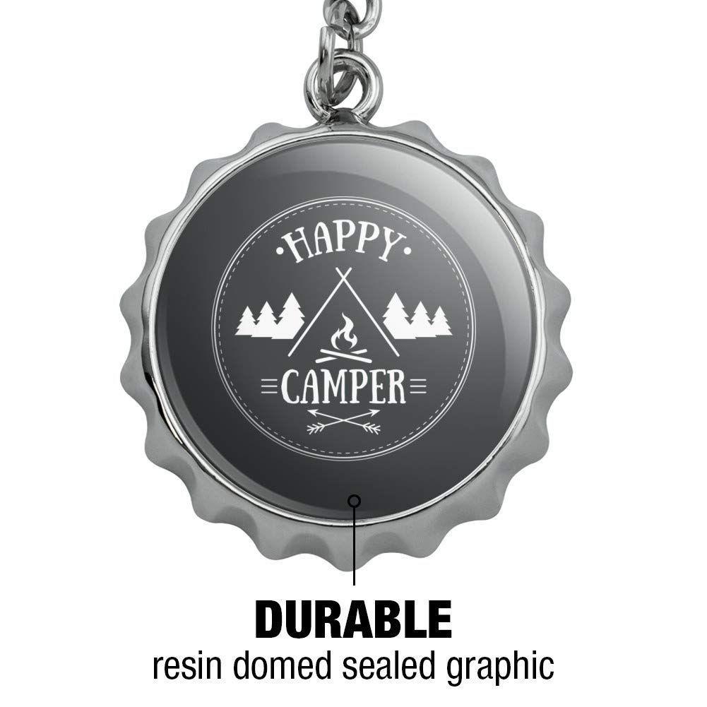 Happy Camper with Campfire Keychain - Chrome Plated Metal Bottle Opener for Beer & Soda - Perfect for Camping, Hiking, Travel & Outdoor Adventures