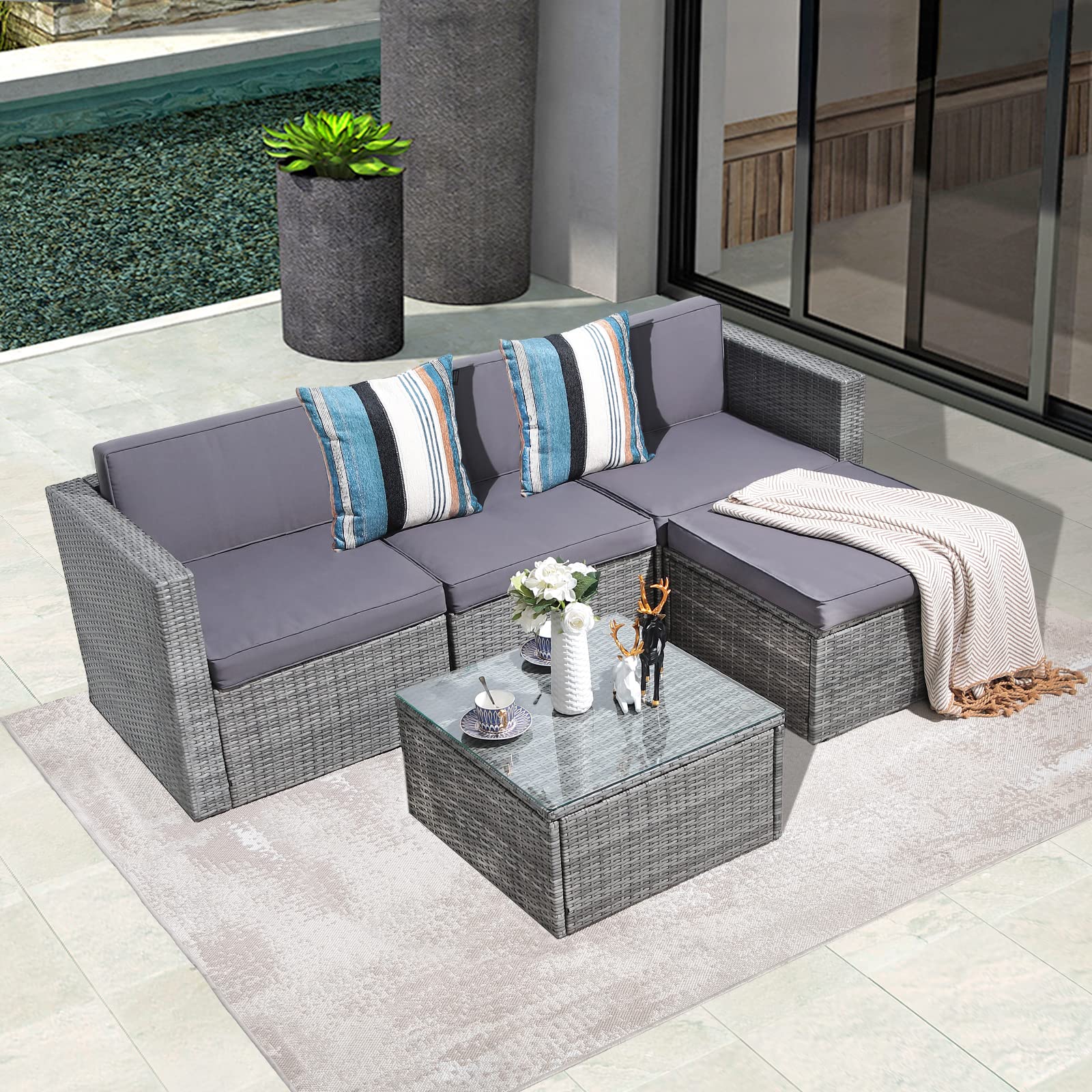 5-Piece All-Weather PE Wicker Patio Furniture Set - Outdoor Sectional Sofa with Gray Cushions & Coffee Table, Steel Frame Dark Gray - Perfect for Backyard, Garden, Poolside & Patio Relaxation