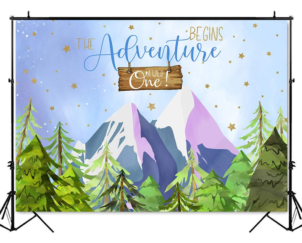 Adventure Begins Baby Shower Backdrop - 7x5ft Forest Mountain Theme with Stars, Perfect for Cake Table Decor, Photo Booth Props & Nursery Wall Decor | Ideal for Baby Showers, Gender Reveals & First Birthday Parties