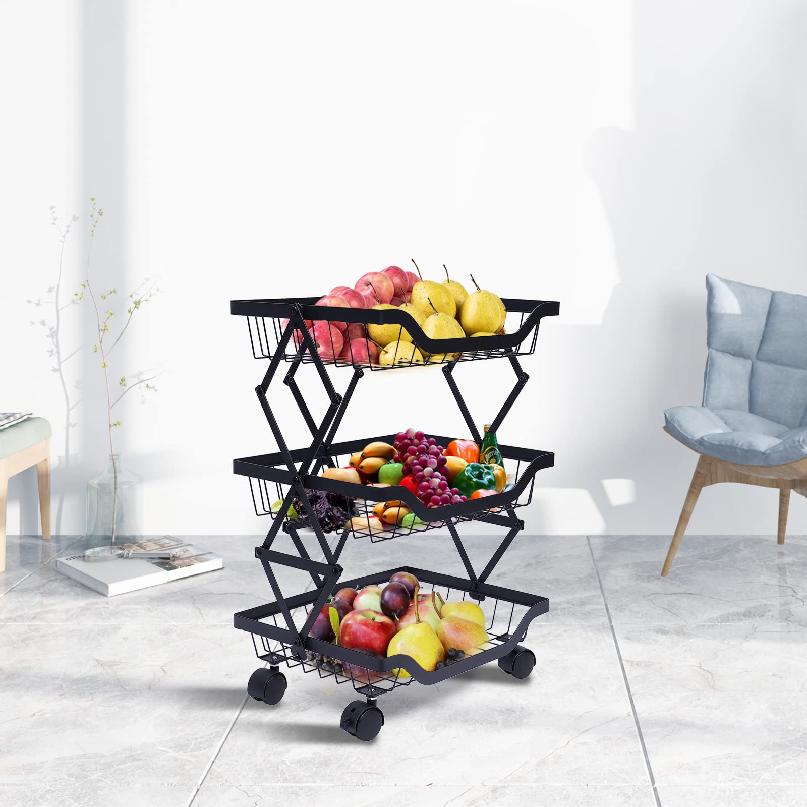 3-Tier Metal Fruit Basket with Wheels - Stackable Kitchen Organizer for Fruits, Vegetables & Snacks | Black Wire Rack Storage Cart for Pantry, Dining Room & Office | Portable & Space-Saving Design