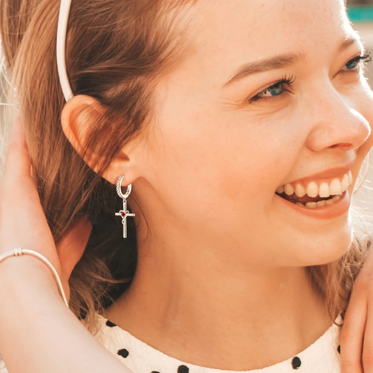 AmorAime 925 Sterling Silver Heart & Cross Dangle Earrings for Women - 14k Gold Plated Birthstone Jewelry | Perfect Gift for Easter, Birthday, Anniversary & Everyday Wear