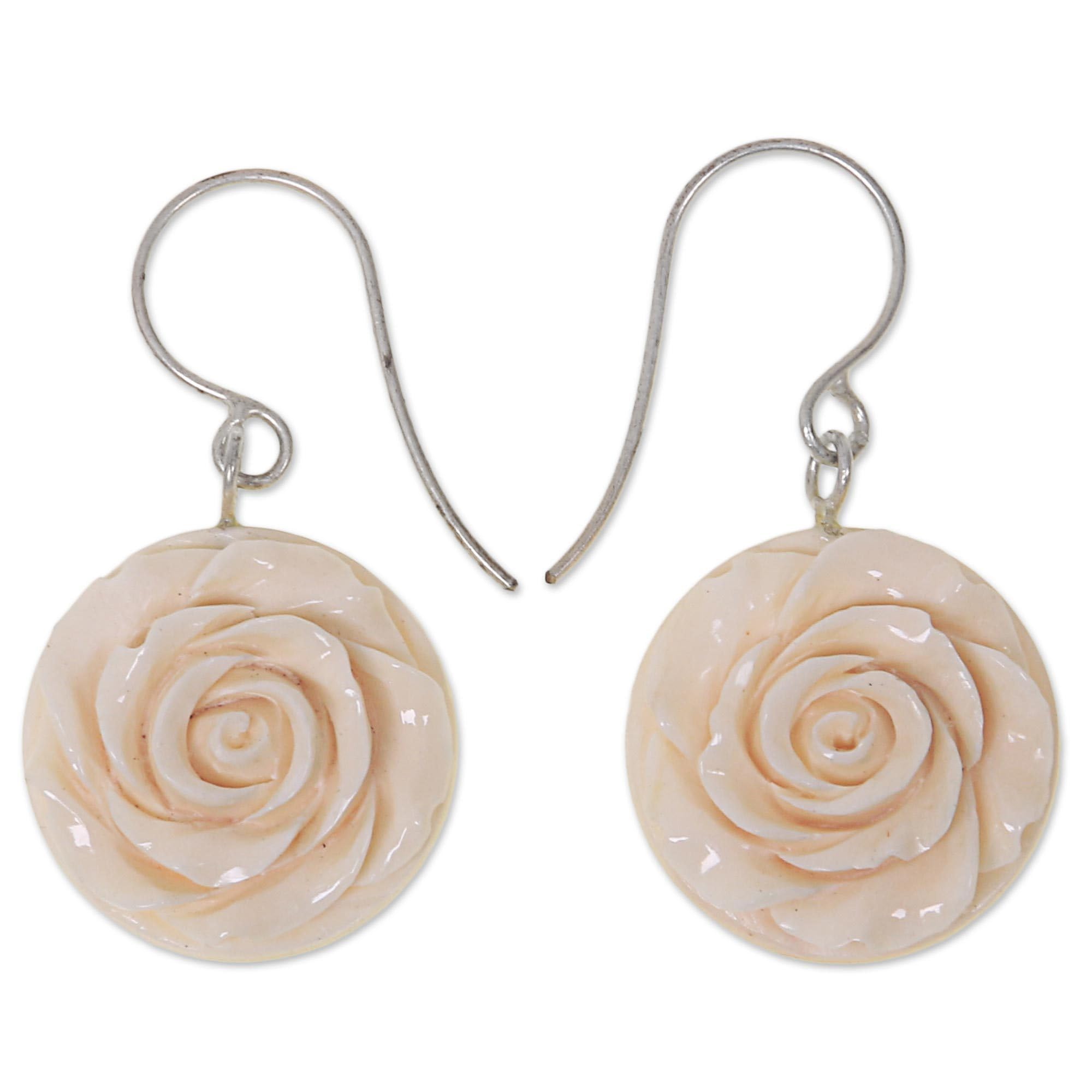 Handmade White Rose Bone Dangle Earrings - Stainless Steel Floral Carving, Indonesian Artisan Jewelry (1.5