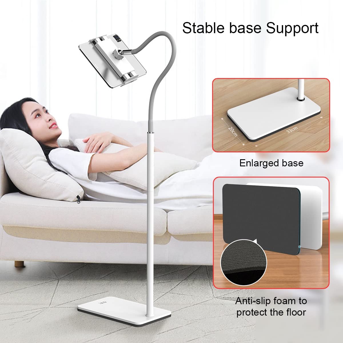 Universal Tablet Gooseneck Floor Stand - Adjustable Height 109-151cm, Stable Base for 4-12.8