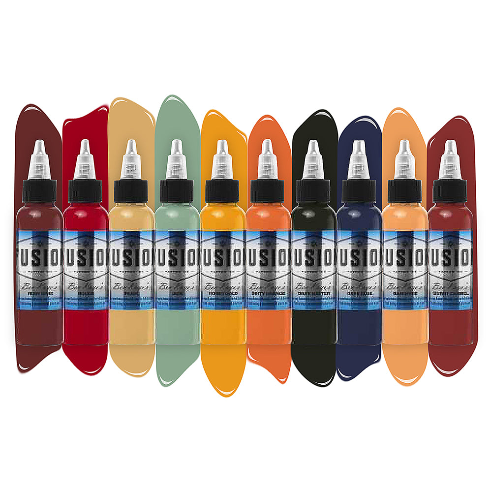 Ben Kaye 10 Color Palette Signature Set - Professional Fusion Tattoo Ink - 1oz Bottles for Tattoo Artists & Body Art Professionals - Perfect for Studio Work & Permanent Makeup