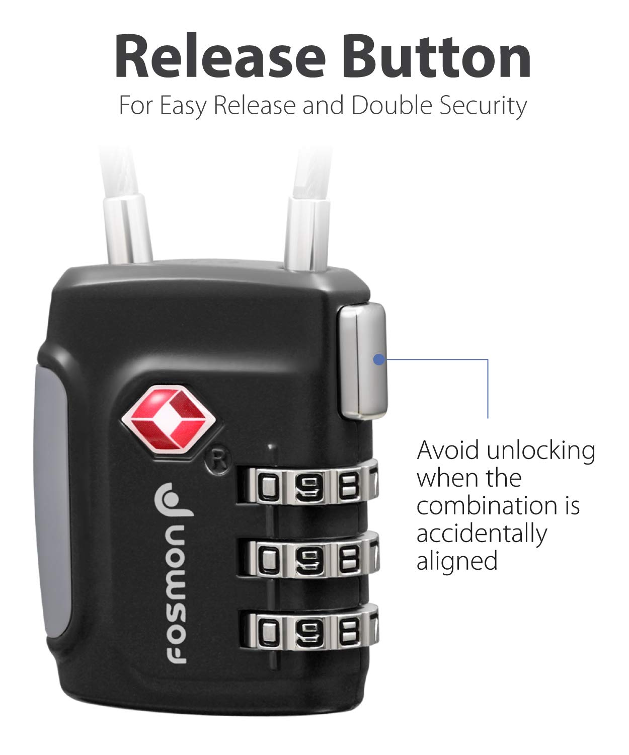 Fosmon TSA Approved 3-Digit Combination Cable Locks for Luggage, Suitcases & Backpacks - Secure Push-Button Release with Long Shackle Wire Lock - Ideal for Travel, Gym Bags & Gun Cases