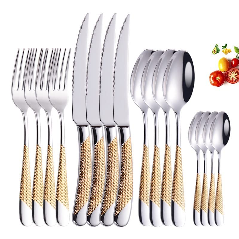 16-Piece Stainless Steel Silverware Set - Gold Cutlery Set with Forks, Spoons & Knives for Dining, Kitchen & Party Use
