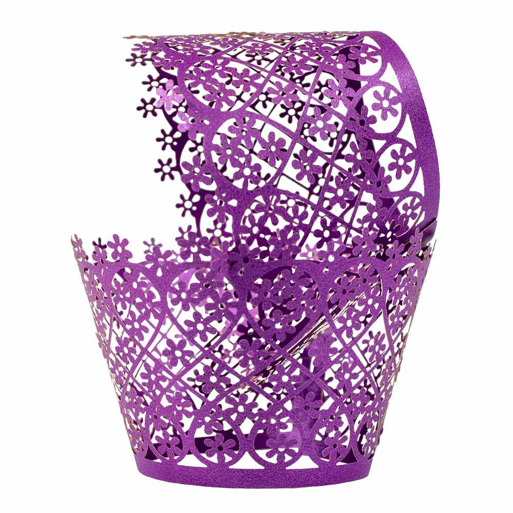 Elegant Dark Purple Floral Lace Cupcake Wrappers - 24 Pack | Perfect for Wedding, Birthday & Party Decorations | Reusable Baking Liners for Cupcakes, Desserts & Special Occasions