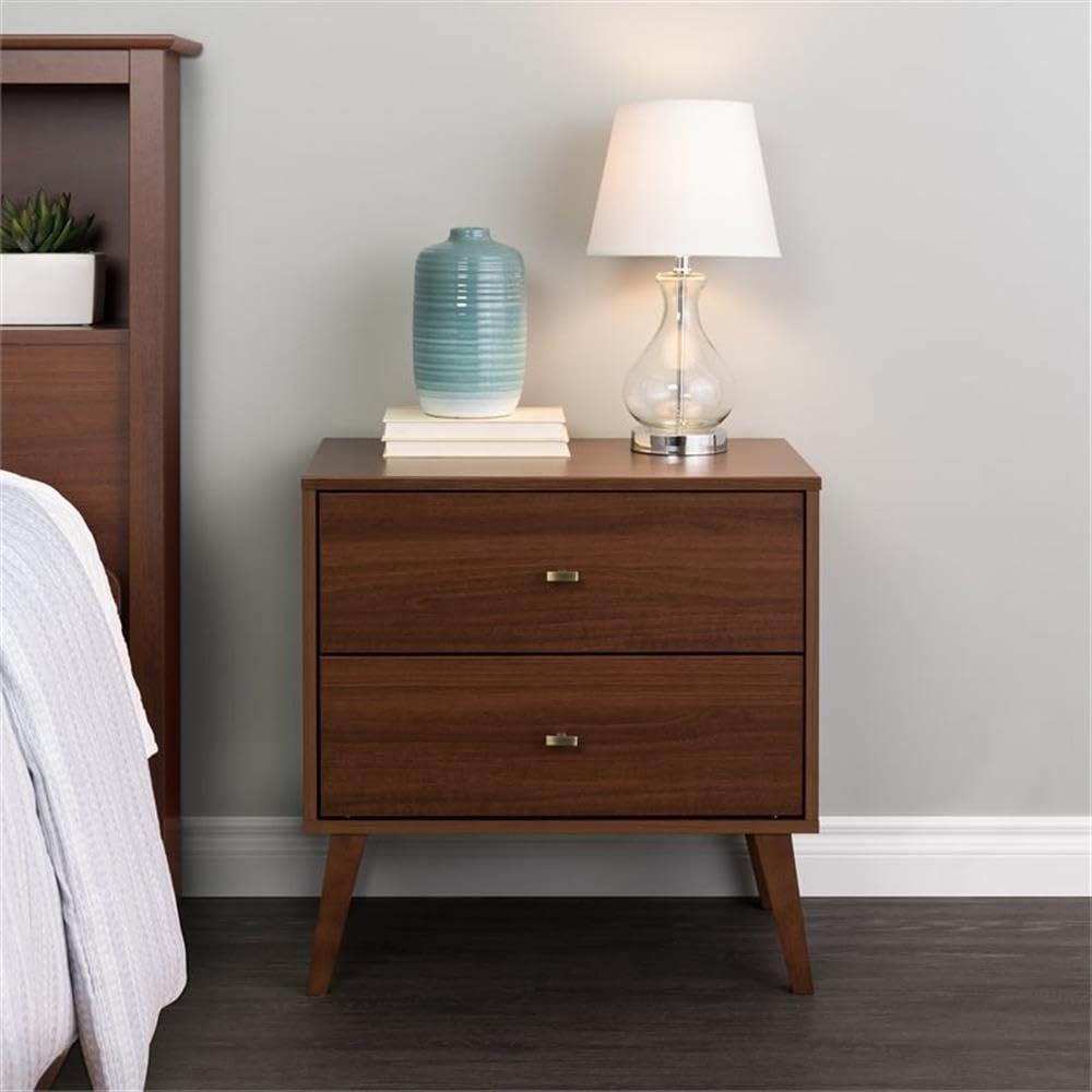 Pemberly Row Mid-Century Modern Wood 2-Drawer Nightstand in Cherry Finish - Bedside Table for Bedroom, Living Room & Guest Room Storage