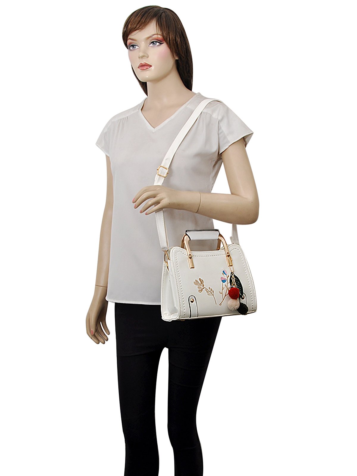 MARK & KEITH Women's Floral Embroidery Handbag with Golden Grace Handle & Pom Pom - Stylish Crossbody Purse, Fashion Tote Bag for Daily Use, Work, Travel & Special Occasions