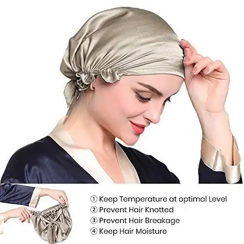 Luxury Silk Sleep Cap with Adjustable Ribbons for Women - Soft & Breathable Night Hair Cover for Sleeping, Travel & Spa