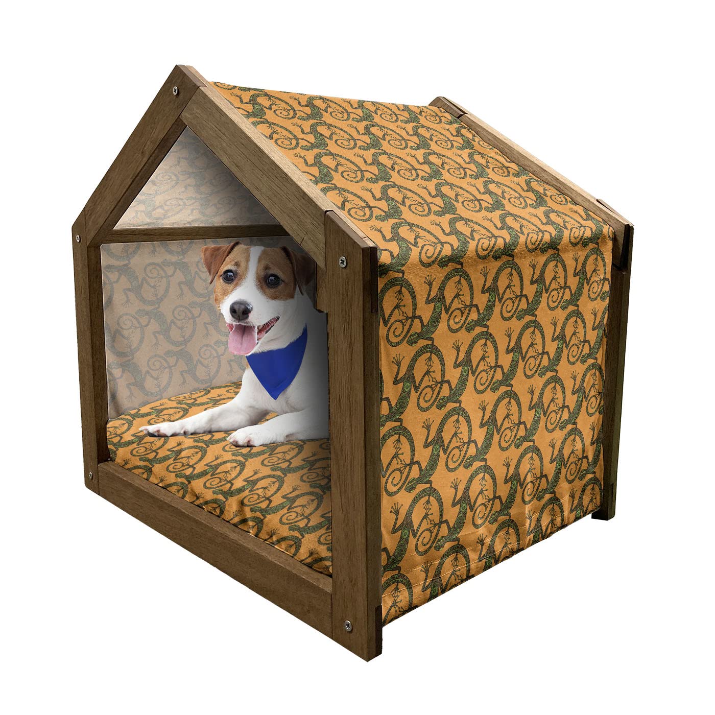 Ambesonne Gecko Wooden Pet House for Dogs & Lizards - Indoor & Outdoor Portable Kennel with Pillow Cover - Large Green Brown Orange Geometric Pattern - Perfect for Patio, Garden & Home Decor