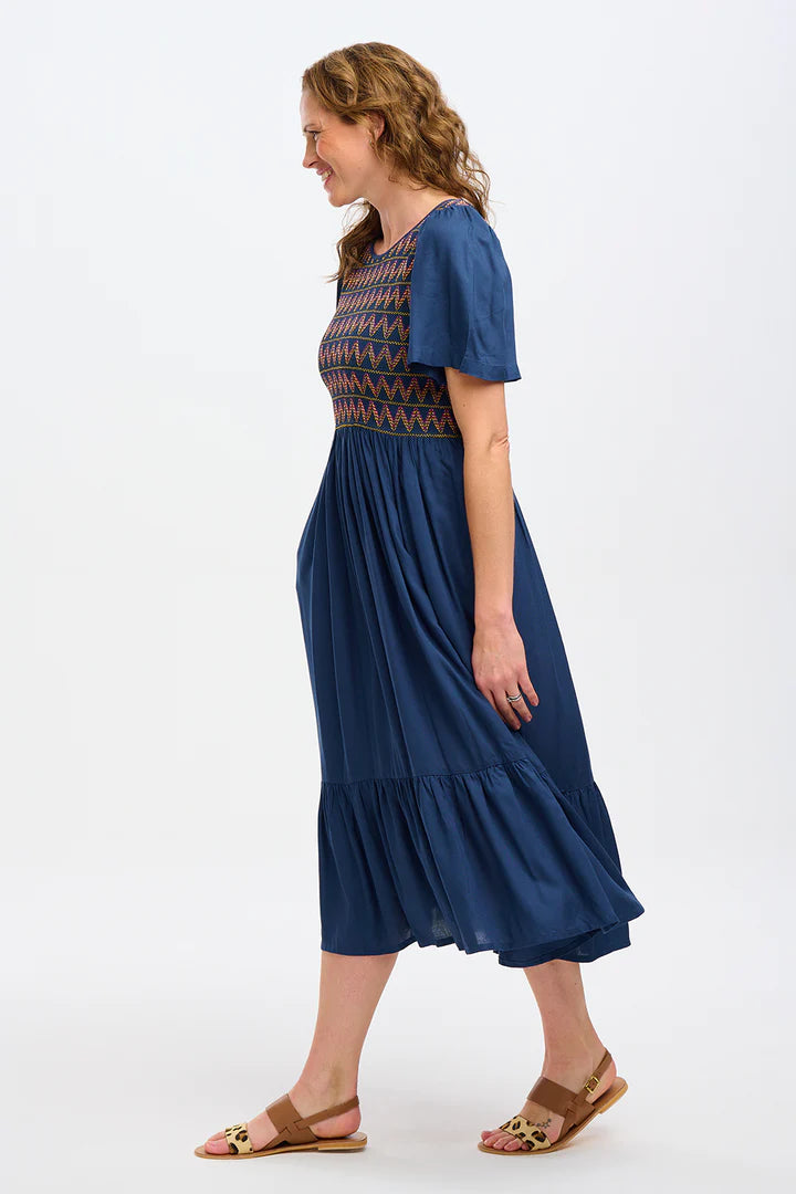 Brielle Midi Shirred Dress - Washed Navy Zigzag Shirring Flowy Summer Dress for Women | Beach Vacation, Date Night, Casual Outings