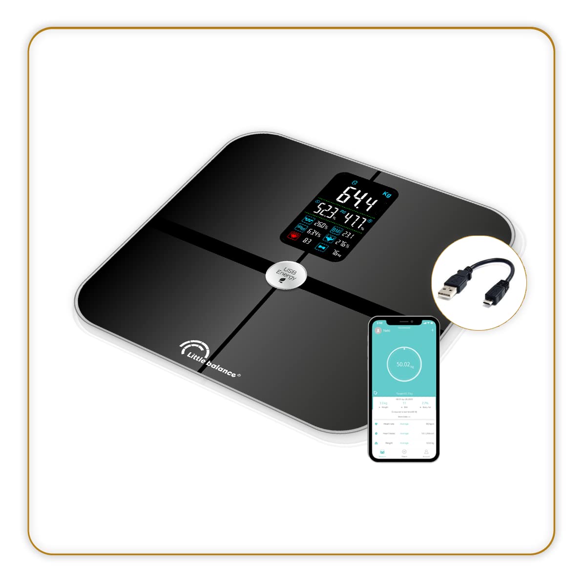 Little Balance 8415 Cardio Connect 4 USB - Smart Bluetooth Body Fat Scale with Impedance Analysis, USB Rechargeable, No Batteries Needed, Tempered Glass, 180kg Capacity - Perfect for Home Gym & Health Tracking