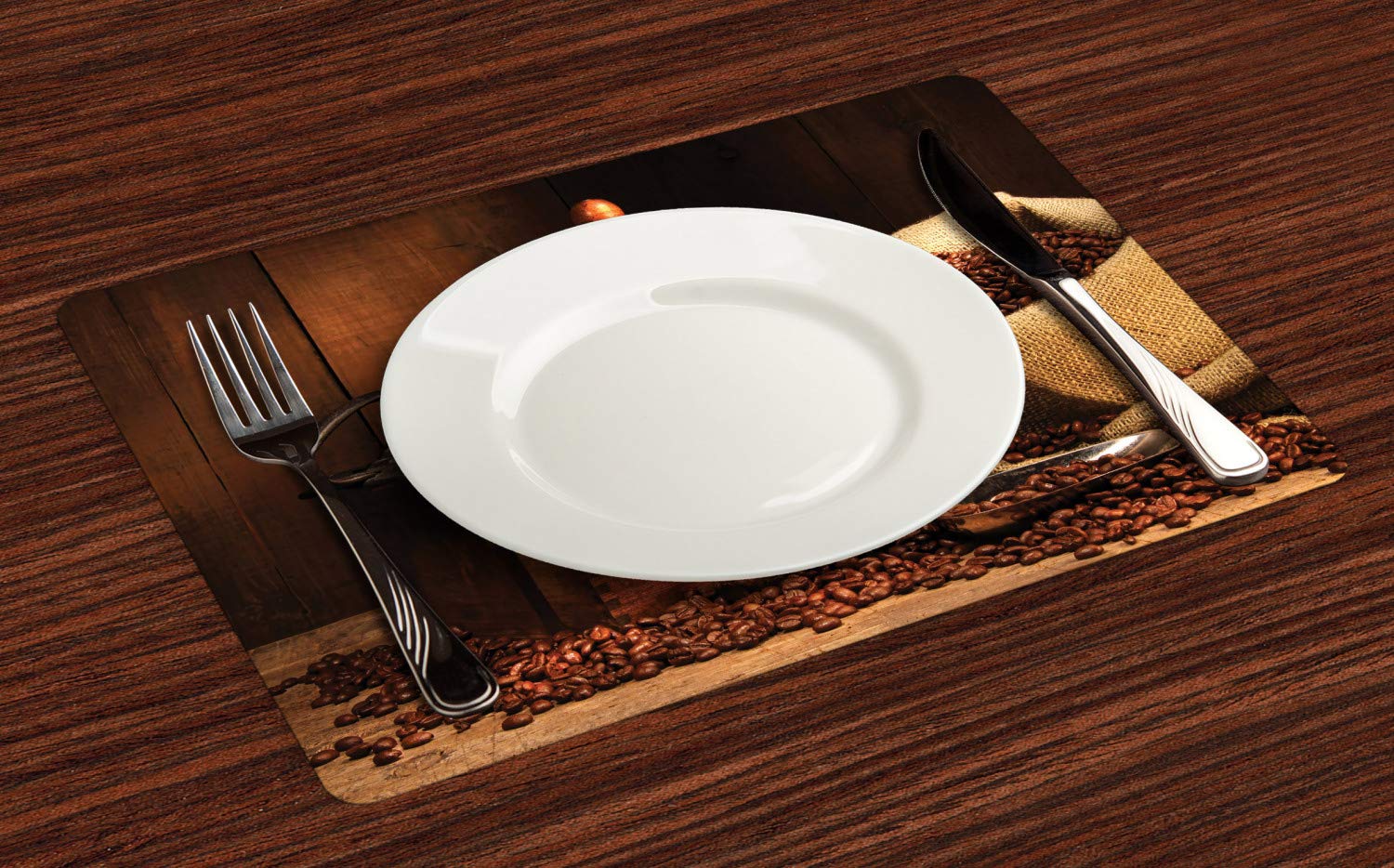 Ambesonne Vintage Coffee Themed Place Mats Set of 4 - Antique Grinder with Beans in Burlap Sack Design, Washable Fabric Table Mats for Dining Room, Kitchen, Coffee Shop - Cinnamon Charcoal Grey Color