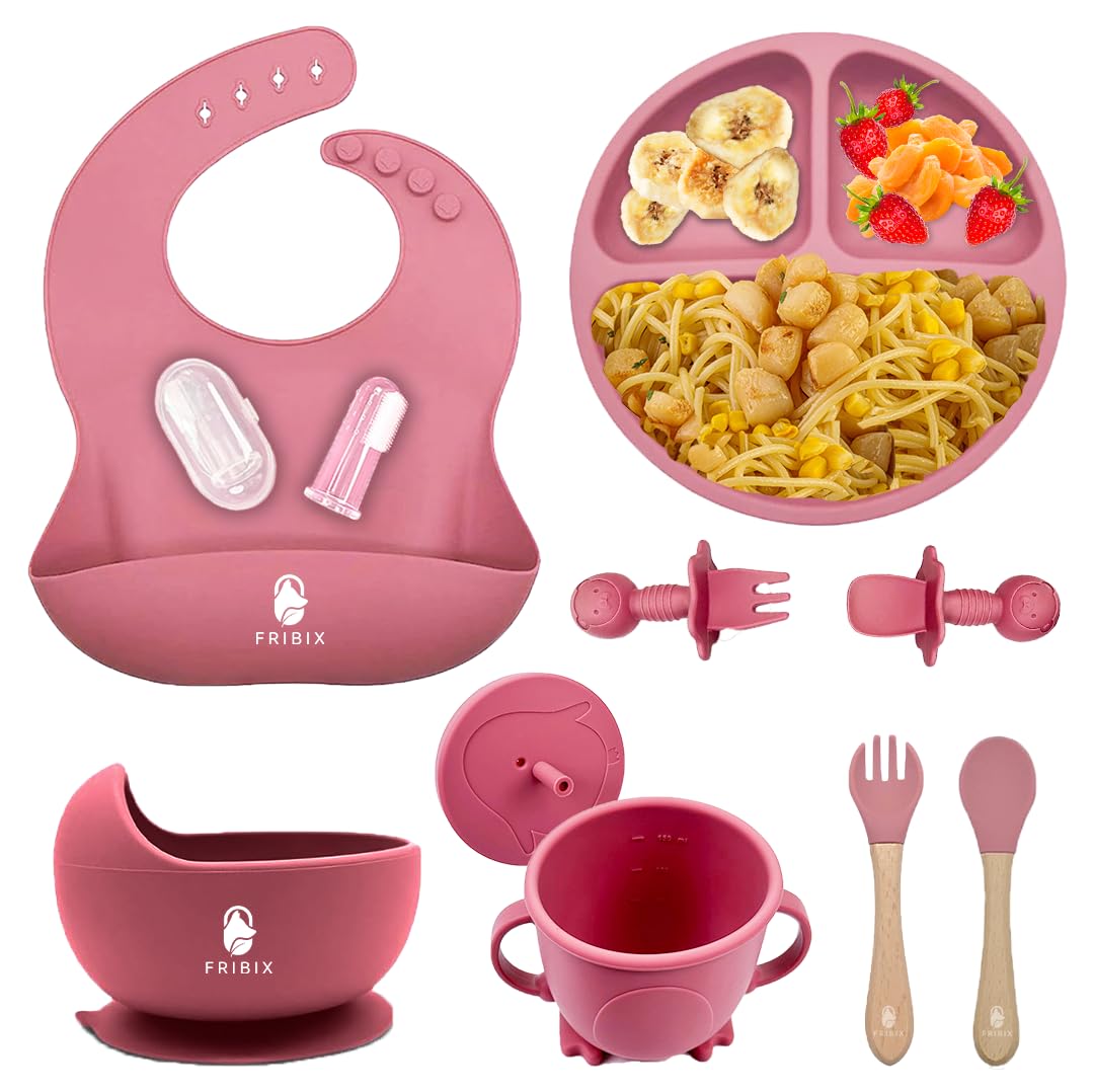 Fribix 9-Piece Silicone Baby Feeding Set | Self-Feeding Essentials for Toddlers & Baby Led Weaning | Includes Suction Plate, Bowl, 2 Spoons, 2 Forks, Cup with Lid & Adjustable Bib | Perfect for Home, Travel & Daycare Use