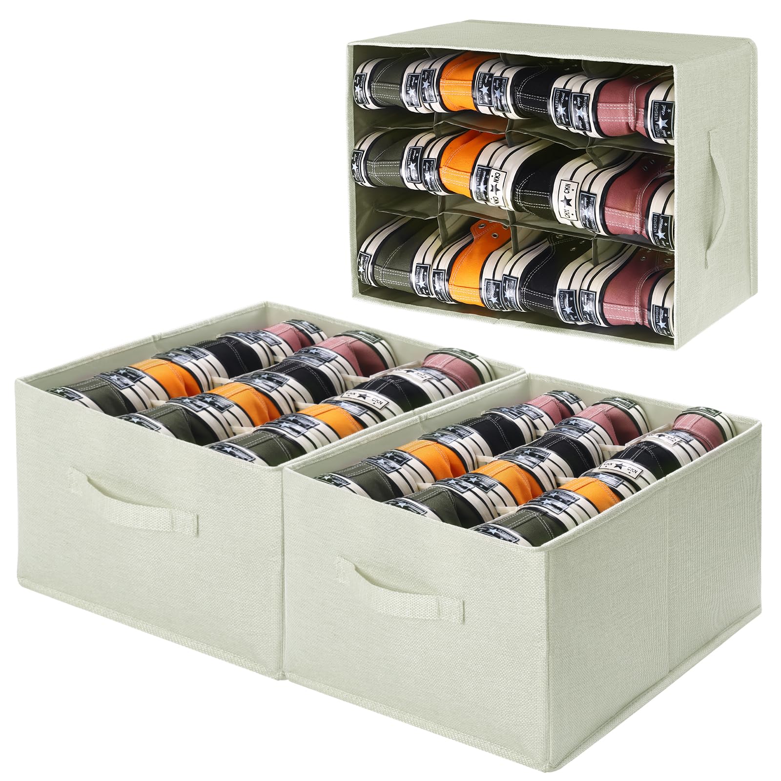 3 Pack Fabric Shoe Organizer for Closet - Foldable Storage Bins Holds 36 Pairs, Cube Cabinet with Reinforced Handles (Beige, 16.5