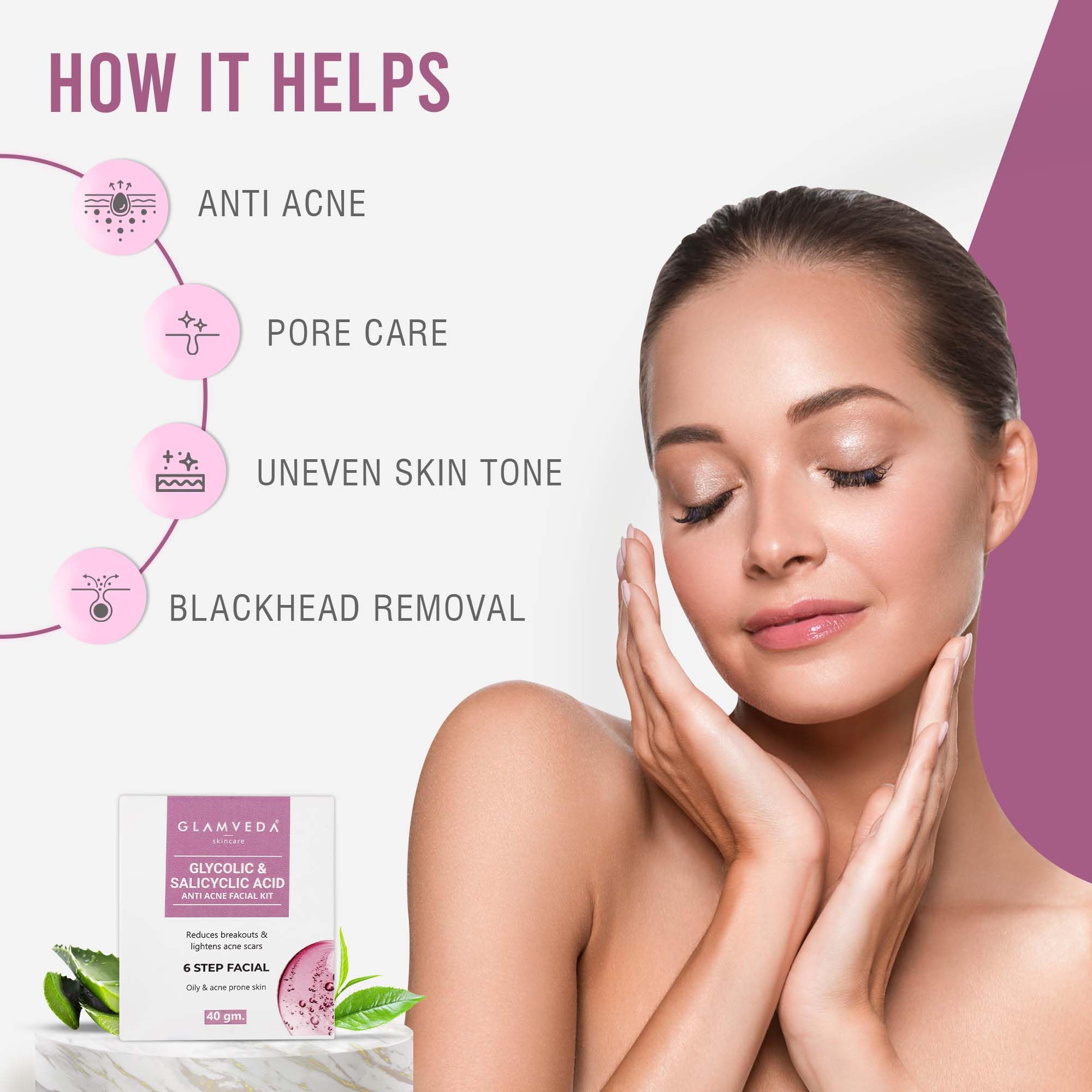 Glamveda Glycolic & 2% Salicylic Acid Anti-Acne Facial Kit | Pimple Treatment & Skin Brightening Kit for Women | Paraben-Free, SLS-Free | 40g | Perfect for Daily Acne Care & Glowing Skin Routine