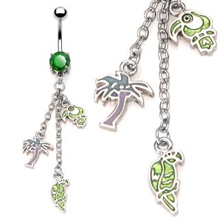 14G Palm Tree & Parrot Belly Button Ring - Body Accentz™ Navel Piercing Jewelry for Beach Parties & Summer Fashion