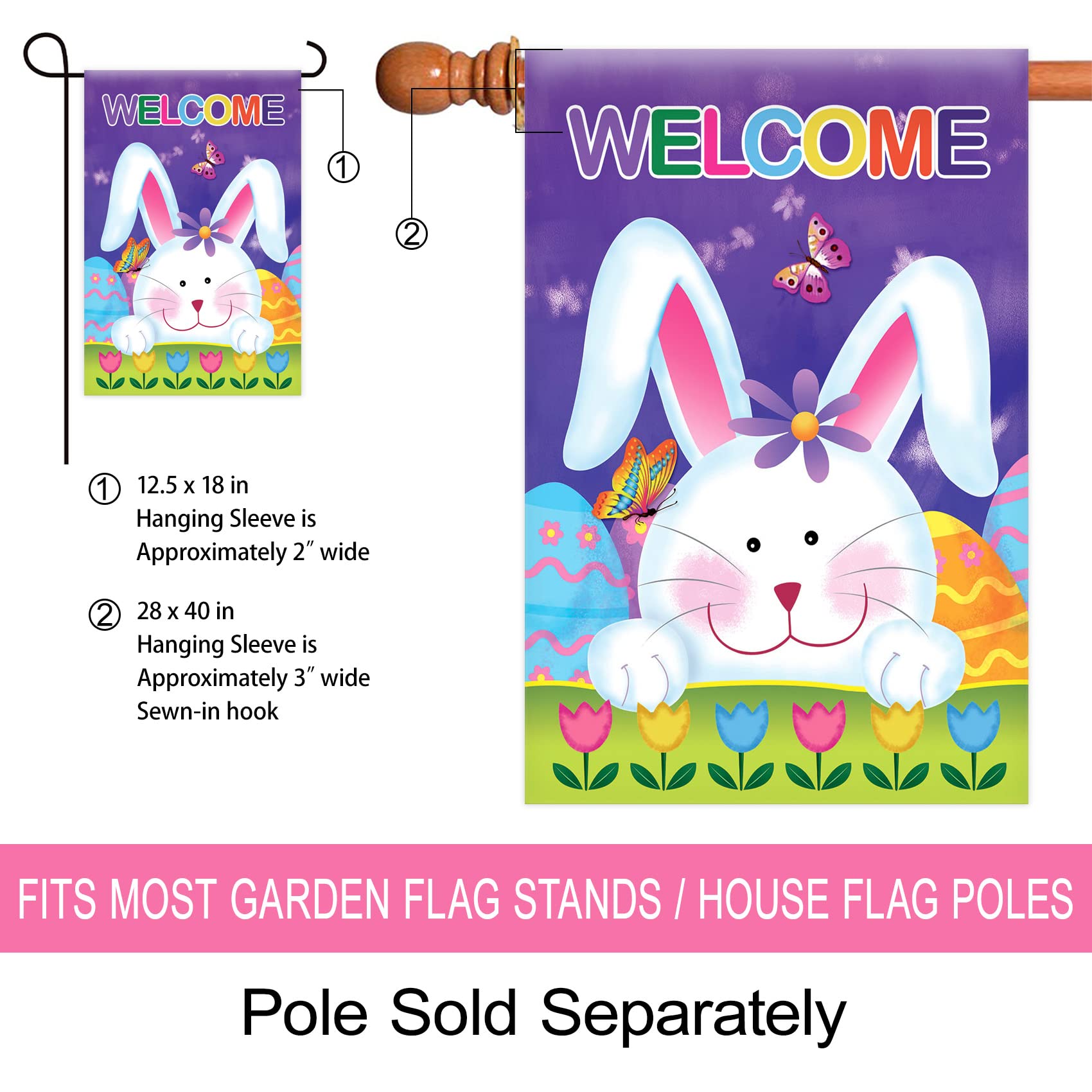 Morigins Welcome Bunny Eggs 12.5x18 Inch Decorative Easter Garden Flag - Cute Rabbit & Tulip Spring Design for Outdoor Yard Decor, Easter Party & Seasonal Home Decoration