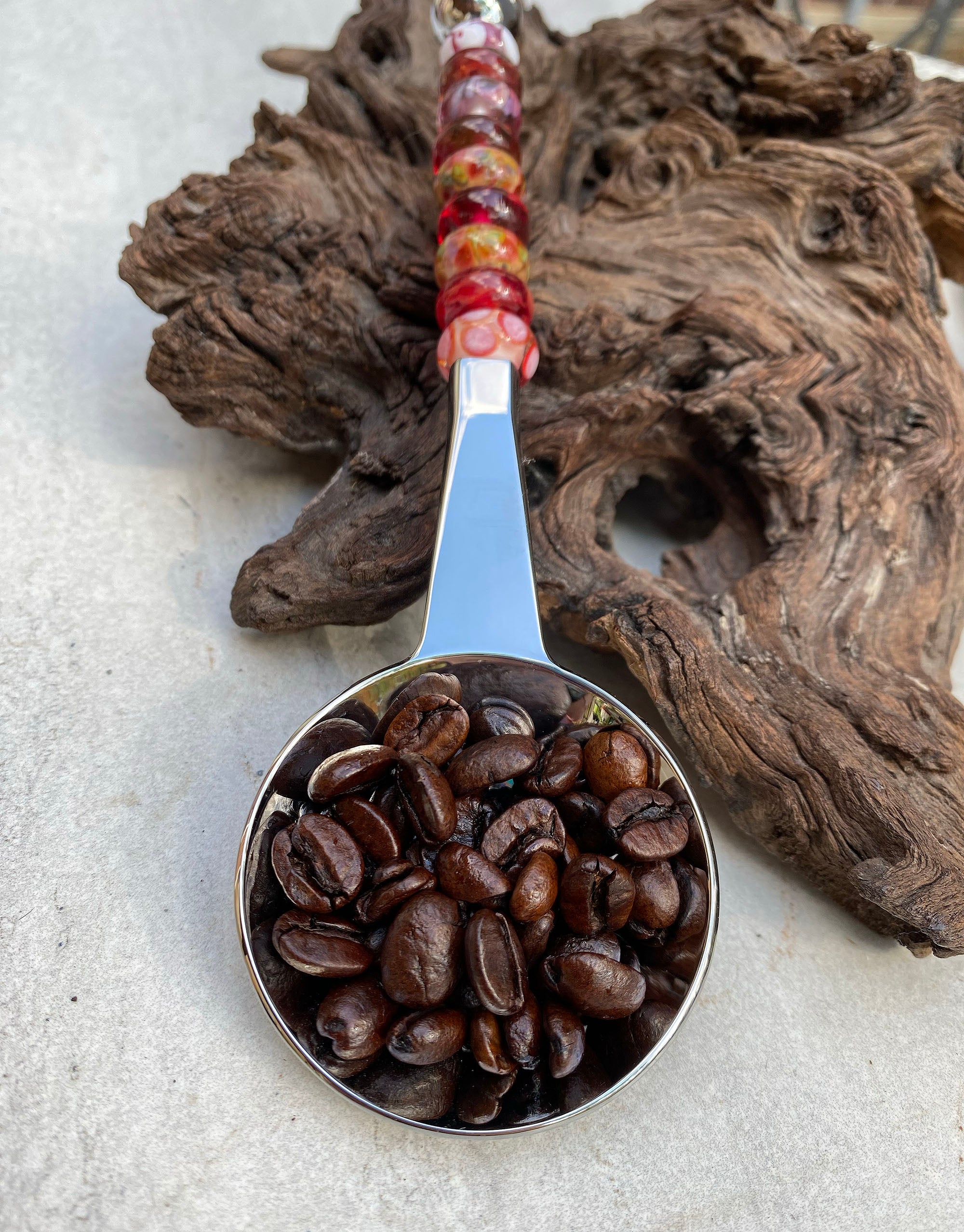 Handmade Red & Pink Lampwork Coffee Scoop - Premium Stainless Steel Measuring Spoon for Coffee, Tea & Baking - Perfect for Home Baristas & Gift Giving