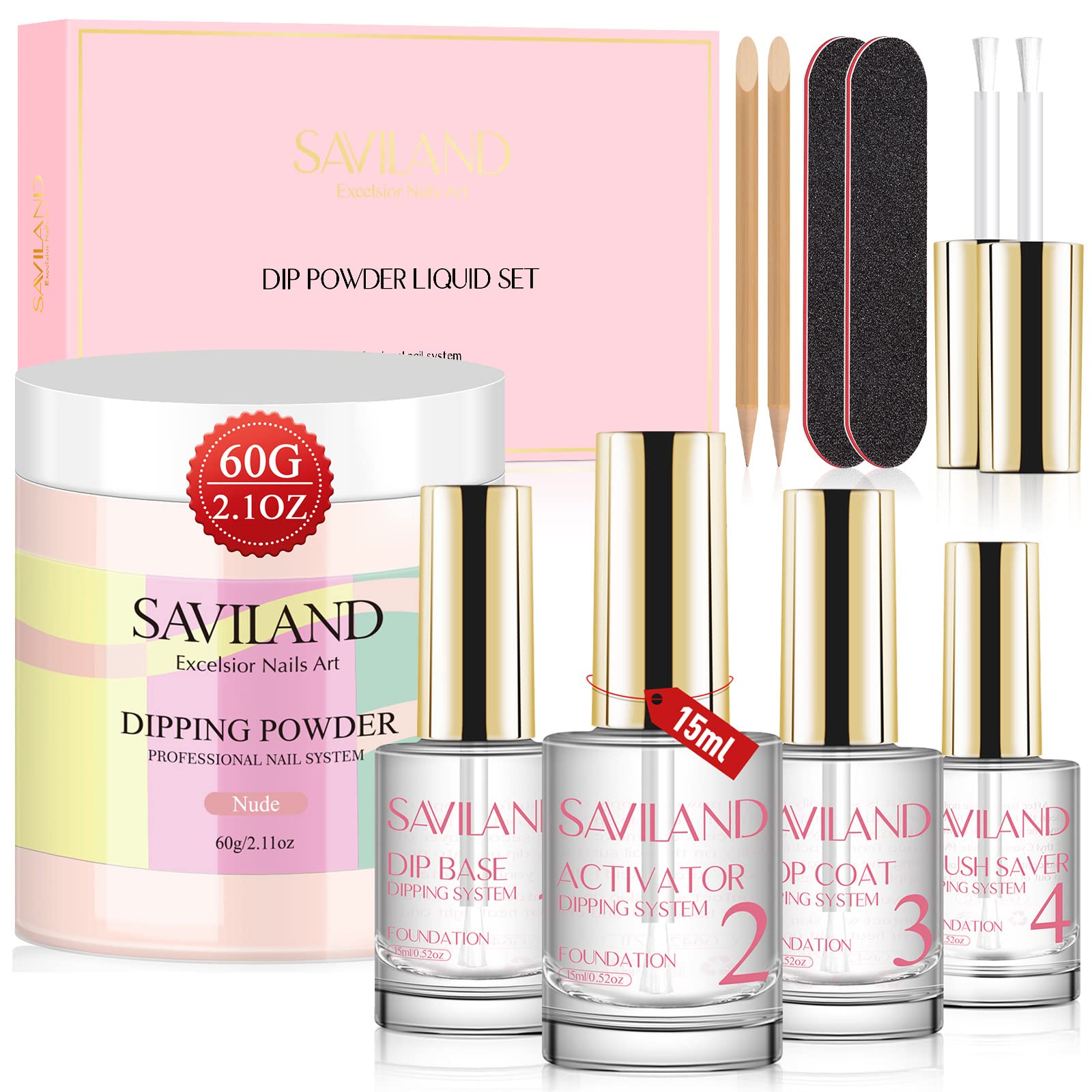 Saviland 15ml Dip Powder Liquid Set with 60g/2.1oz Nude Dip Powder - Base Coat, Top Coat, Activator & Brush Saver - Complete Dip Nail Kit with Nail File - No UV Lamp Needed - Perfect DIY Manicure Gift Set for Women - Salon Quality Nails at Home for Parties, Weddings & Special Occasions