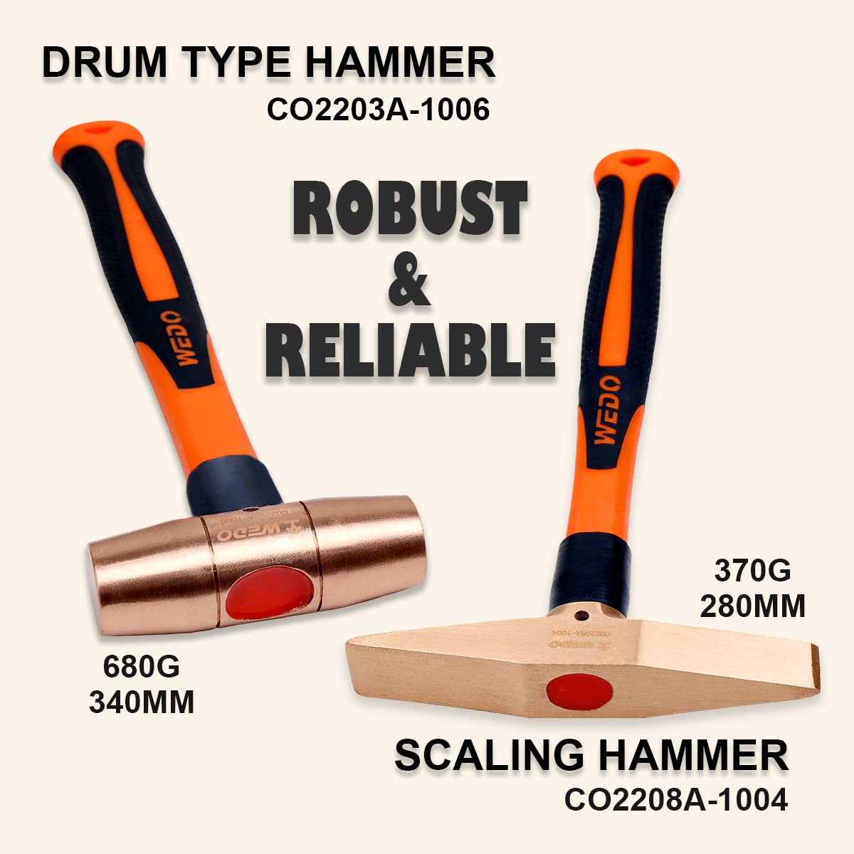 WEDO 4-Piece Copper Hammer Set with Fiberglass Handle - 1lb & 2lb Ball Pein Hammers, 3lb Sledge Hammer, 2lb Drum Hammer for Metalworking, Woodworking, and DIY Home Improvement Projects