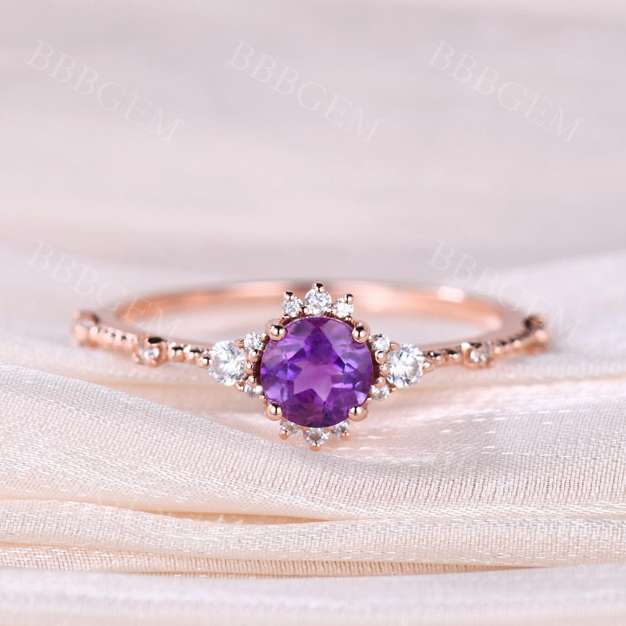 5mm Round Cut Amethyst Engagement Ring - Dainty Purple Gemstone & Diamond Wedding Band for Women | Perfect for Proposals, Anniversaries & Romantic Occasions