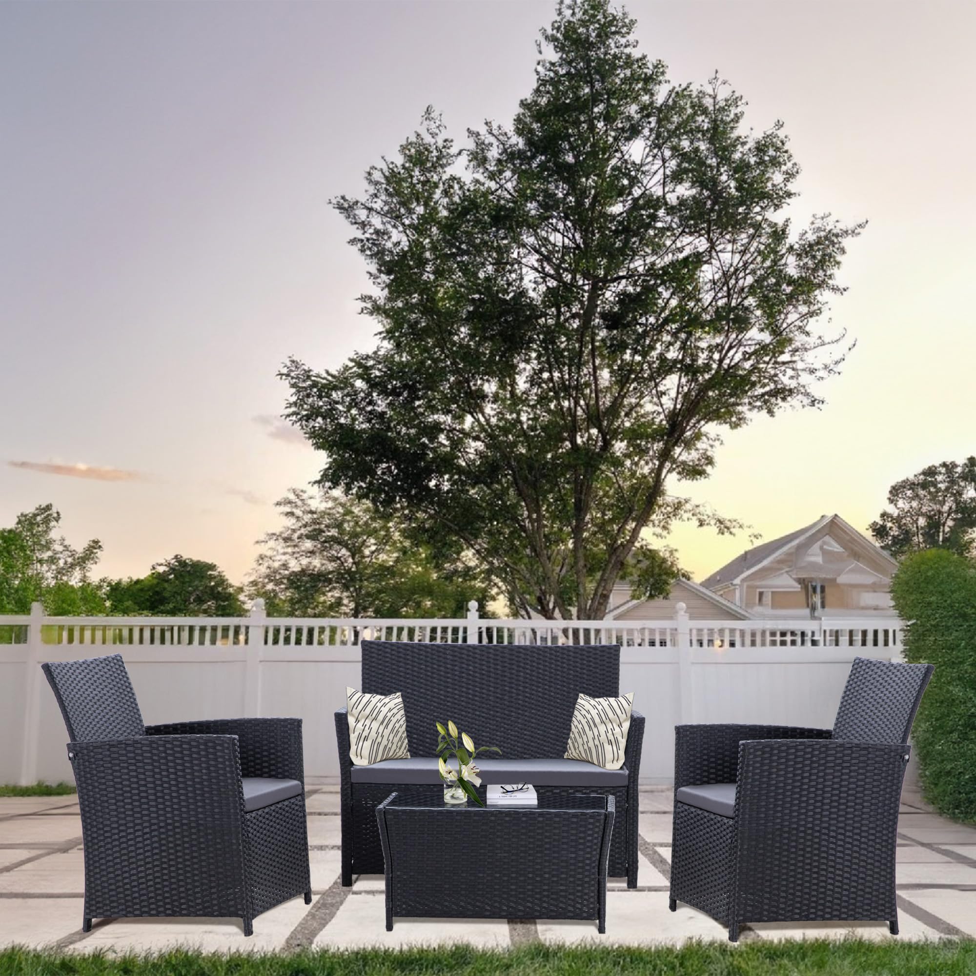 4-Piece Patio Furniture Set - Indoor/Outdoor Rattan Sectional Sofa with Gray Cushions, Black Wicker Conversation Set for Garden, Balcony, Backyard, Porch & Lawn - Perfect for Outdoor Entertaining & Relaxation