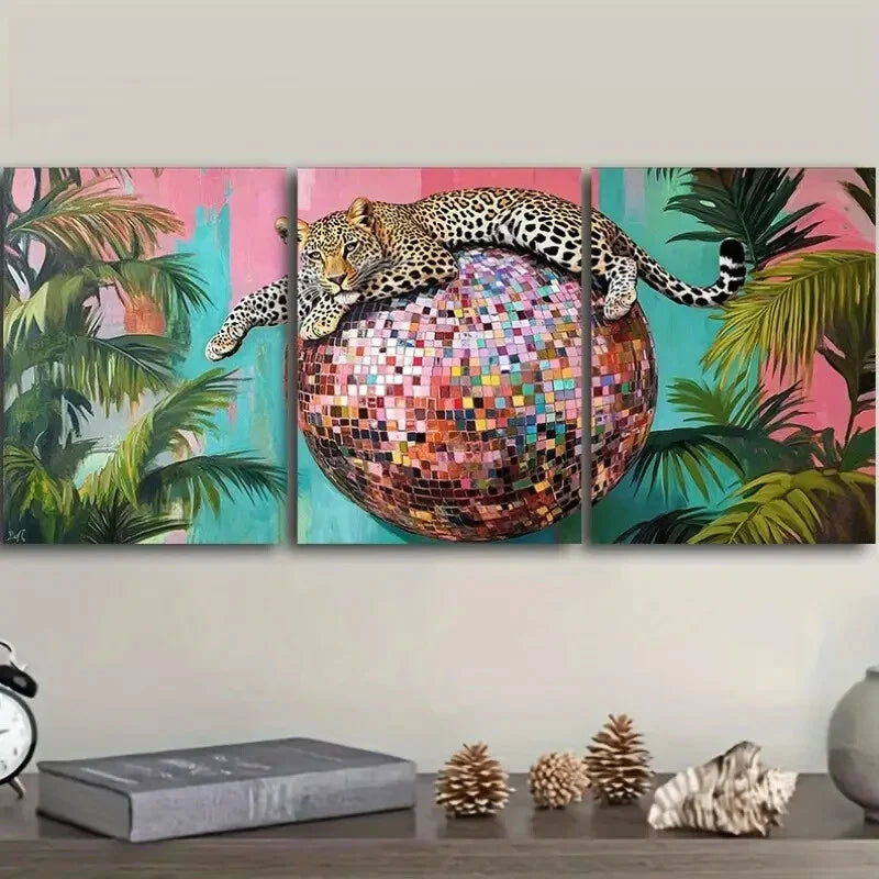 3-Piece Leopard on Disco Ball Metal Wall Art - Ready to Hang Canvas Prints for Living Room, Bedroom & Office Decor