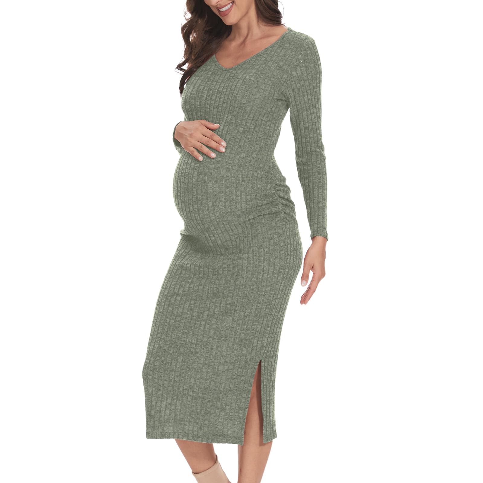 V-Neck Side Ruch Knit Ribbed Maternity Bodycon Dress - Stretchy Pregnancy Clothes for Baby Shower, Bridal Shower & Special Occasions | Flattering Fit for Expecting Moms