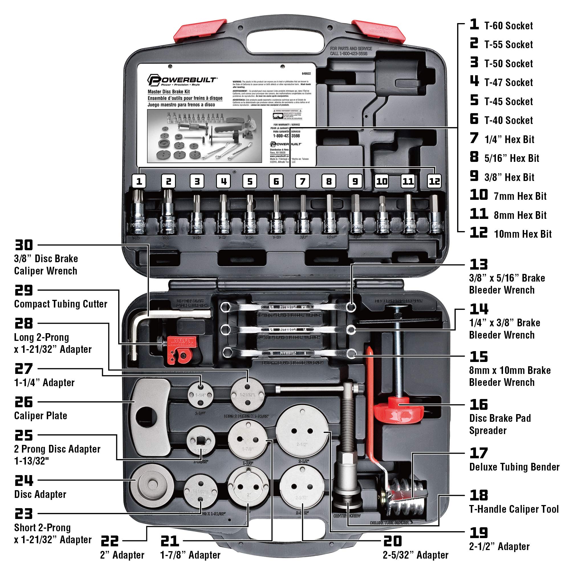 Powerbuilt 648622 Master Disc Brake Service Set - 30-Piece Brake Caliper Wind Back Tool Kit for Cars & Trucks with Piston Compression | Professional Vehicle Brake Maintenance & Repair | Perfect for DIY Mechanics & Auto Shops