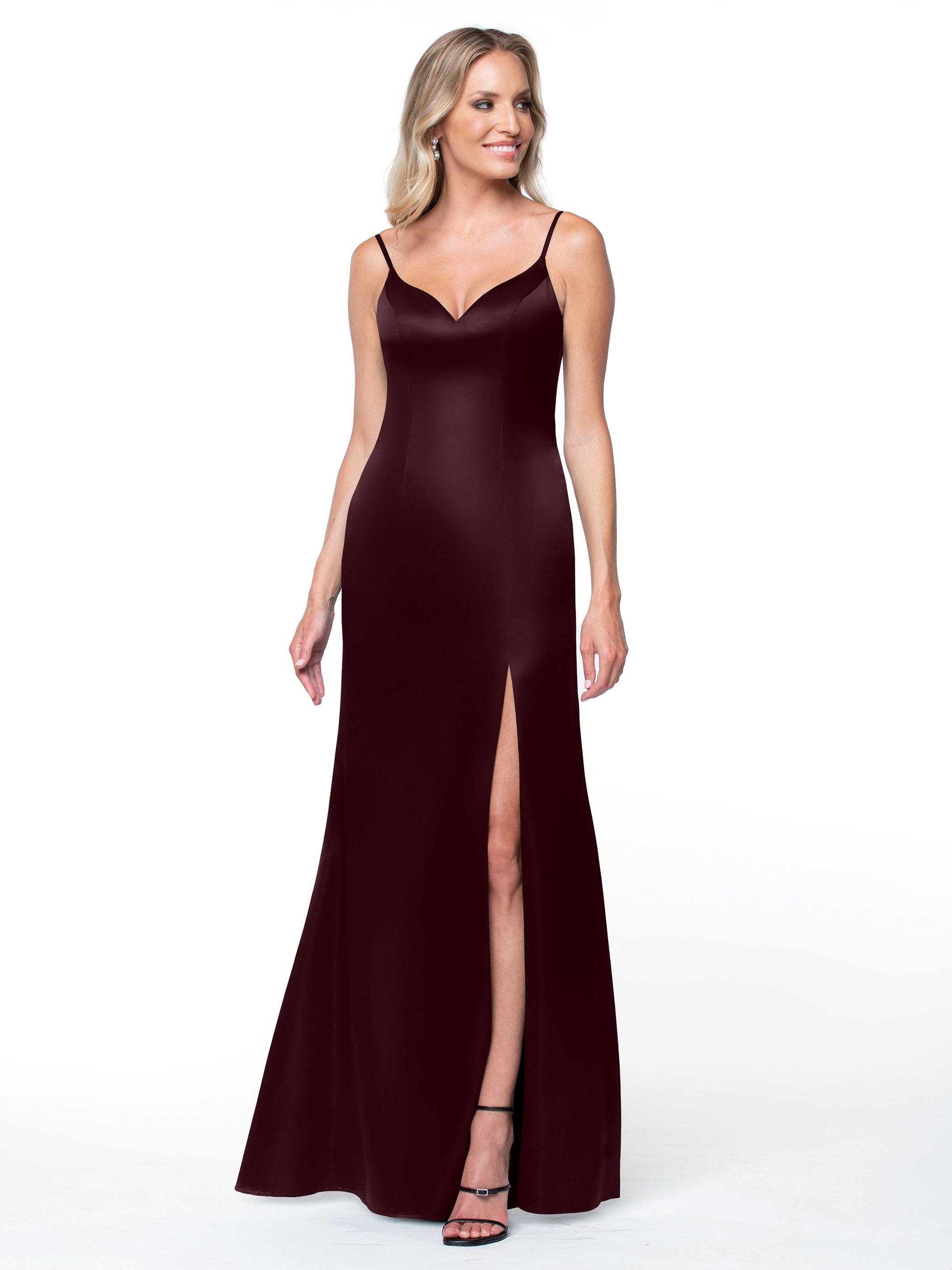 Elegant Fit and Flare Satin Bridesmaid Dress with Thigh High Slit - Perfect for Weddings, Prom, and Formal Events