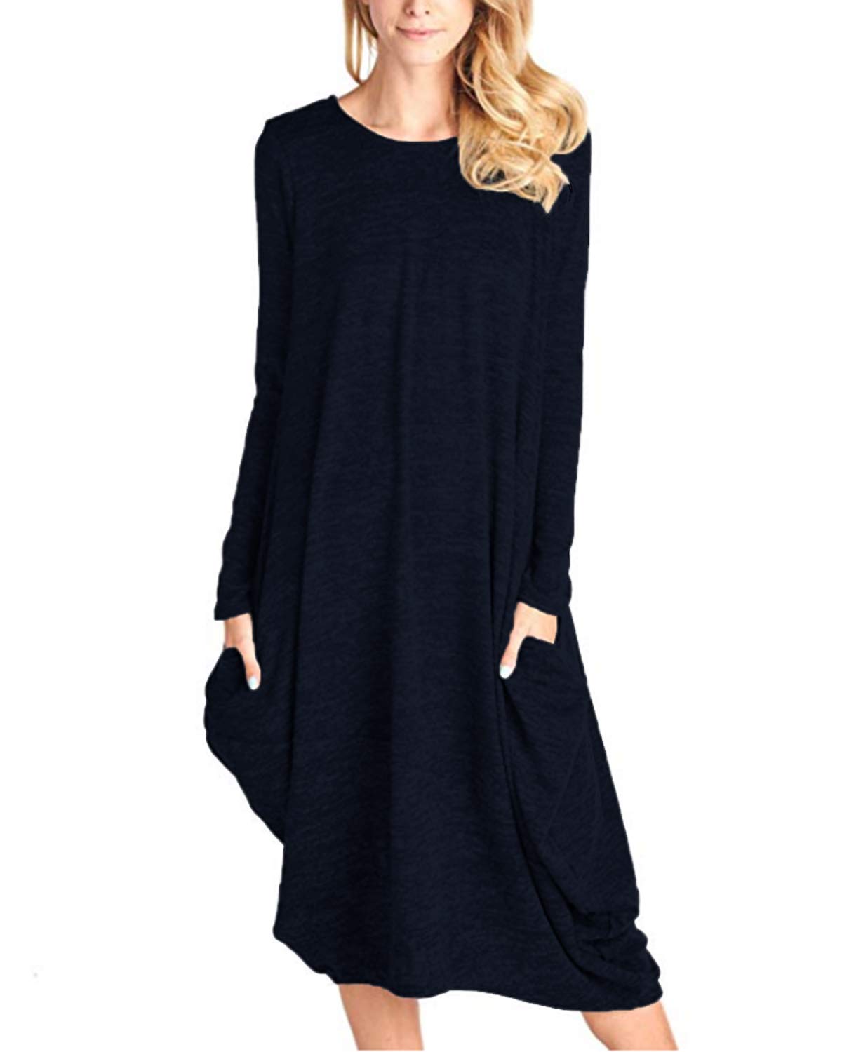CNFIO Women's Long Sleeve Casual Loose Midi T-Shirt Dress with Pockets - Comfortable Everyday Wear for Work, Travel & Outings