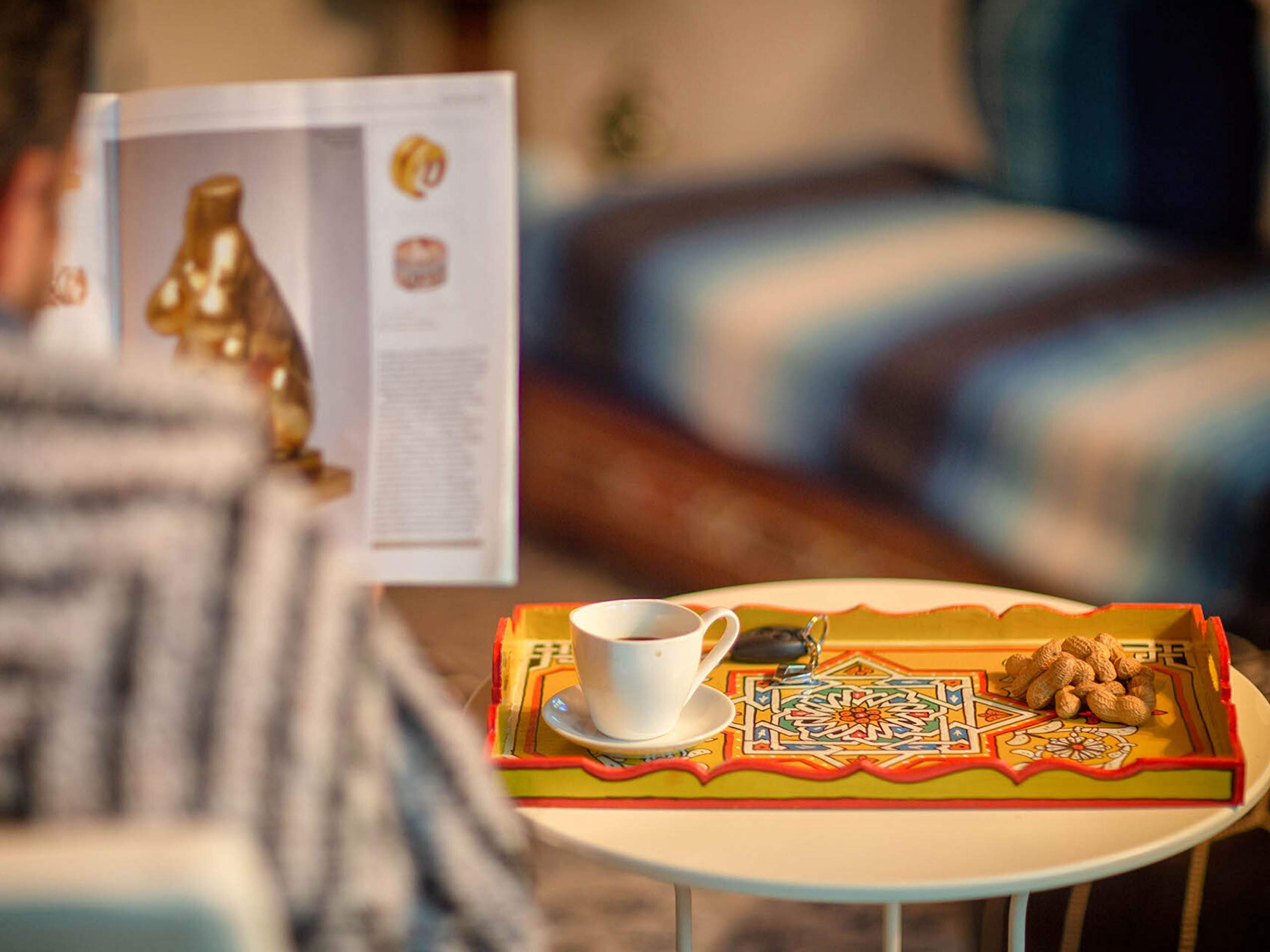Hand Painted Moroccan White Decorative Serving Tray - Waterproof Acrylic Painting Bohemian Arabesque Home Decor (Yellow) | Perfect for Coffee Table Display, Gift Giving & Boho Chic Home Styling