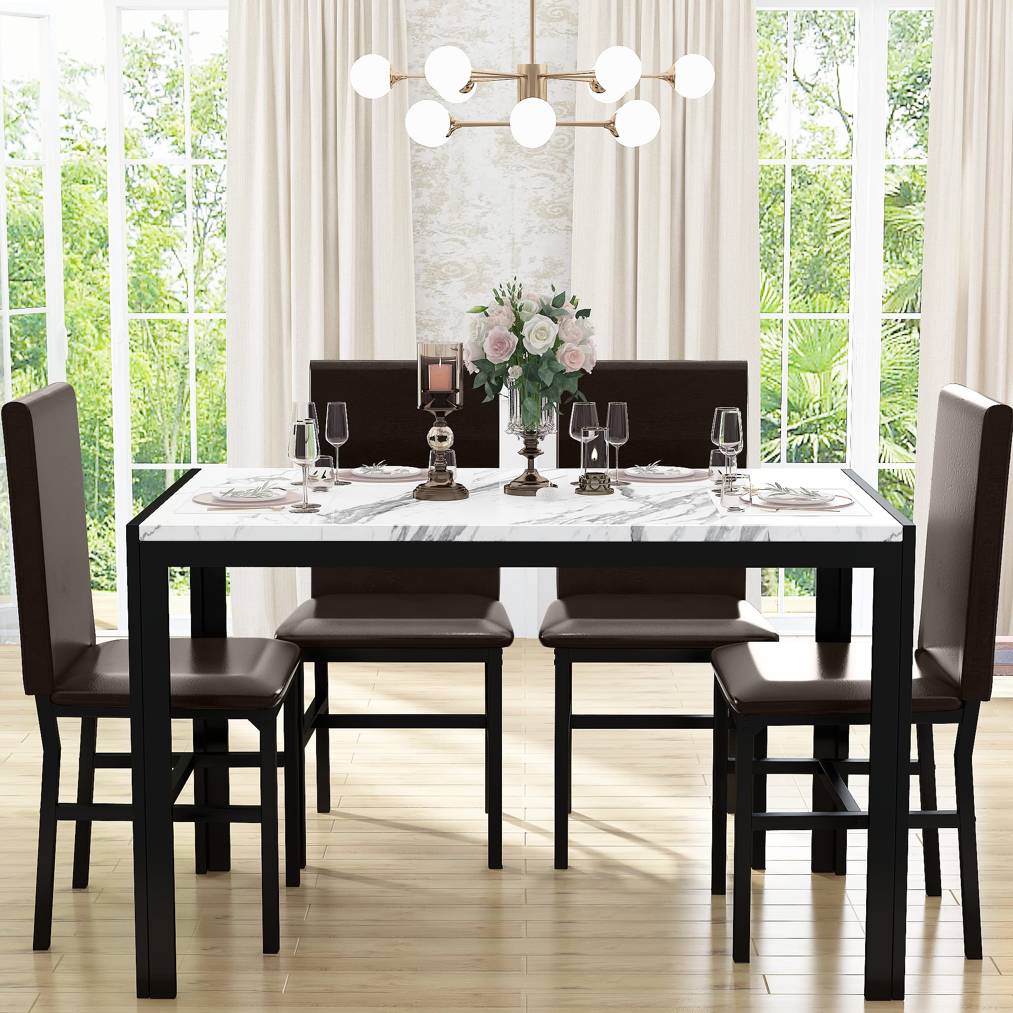5-Piece Dining Table Set for 4 with Faux Marble Top & 4 Upholstered PU Leather Chairs - Perfect for Small Kitchens, Breakfast Nooks, and Cozy Dining Rooms
