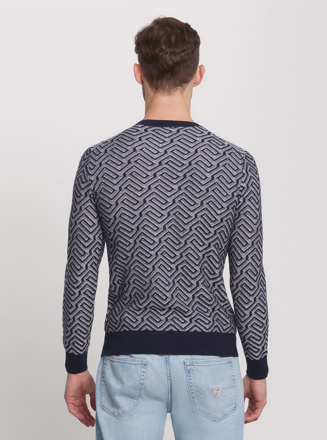 Eco-Friendly Blue Geometric Print Knit Sweater for Women - Stylish Casual Pullover for Fall & Winter Outfits | Perfect for Office, Date Night and Weekend Wear