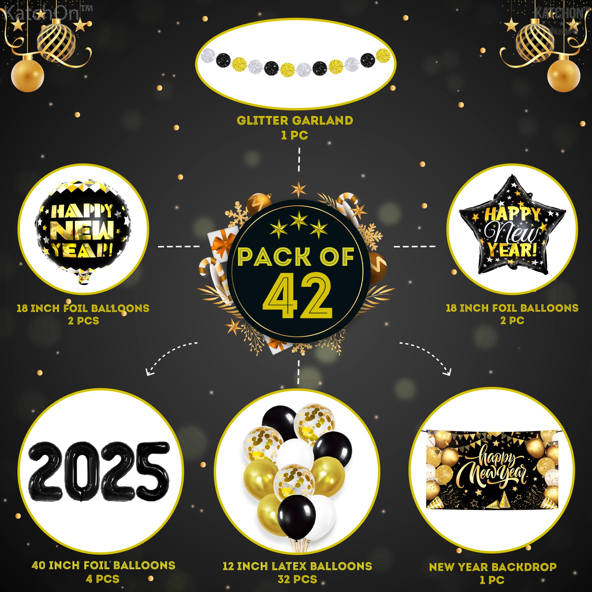 KatchOn 2025 New Year's Eve Party Decorations Set - 42-Piece Black & Gold NYE Party Supplies Kit with Banner, Balloon Numbers & Foil Balloons | Perfect for New Year Countdown, Home Decor & Holiday Celebrations