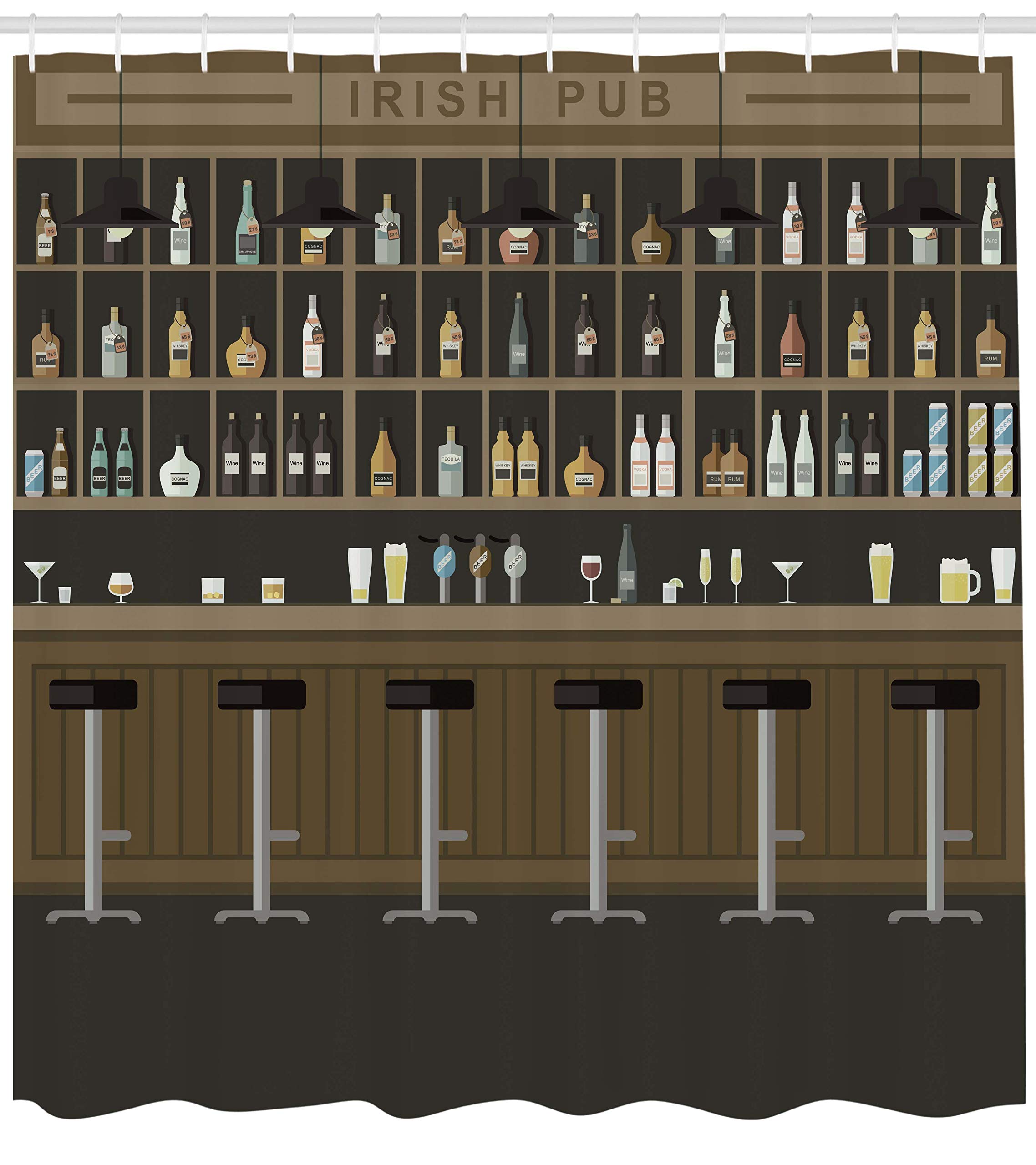 Ambesonne Irish Pub Themed Shower Curtain - Cartoon Bar & Restaurant Design with Stools, Bottles & Cocktails - 69x84 Inch Taupe Brown Fabric Bathroom Decor with Hooks - Perfect for Pub Lovers' Home & Bar Themed Bathrooms