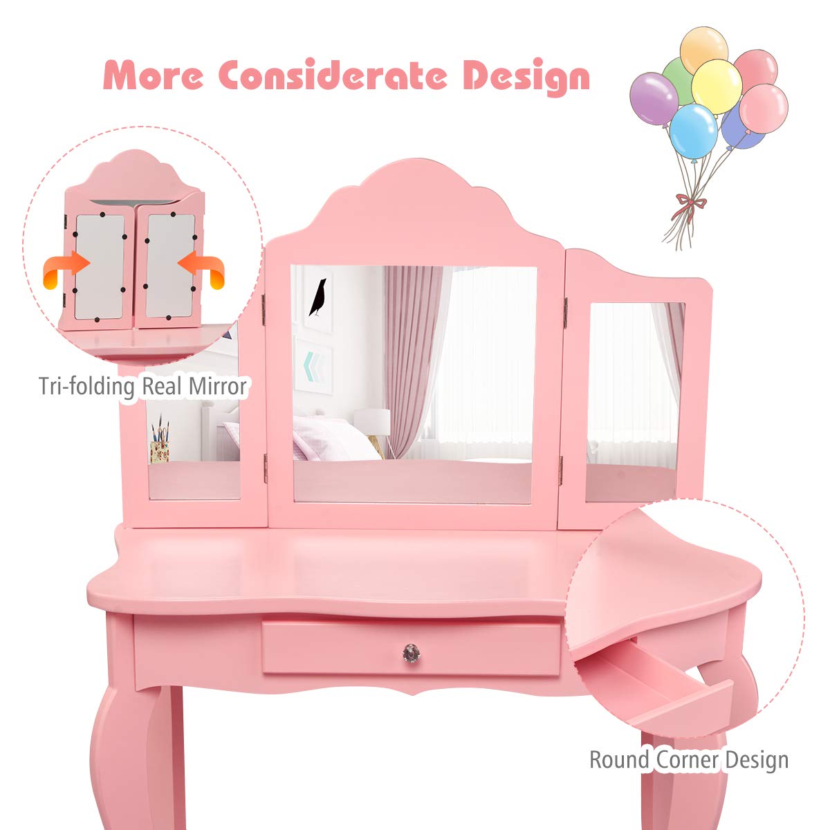 Costzon Kids Wooden Vanity Table & Stool Set - 2 in 1 Detachable Design with Dressing Table & Writing Desk, Princess Makeup Vanity with 180° Folding Mirrors for Girls (Pink) - Perfect for Bedroom Decor, Pretend Play & Gift for Toddlers