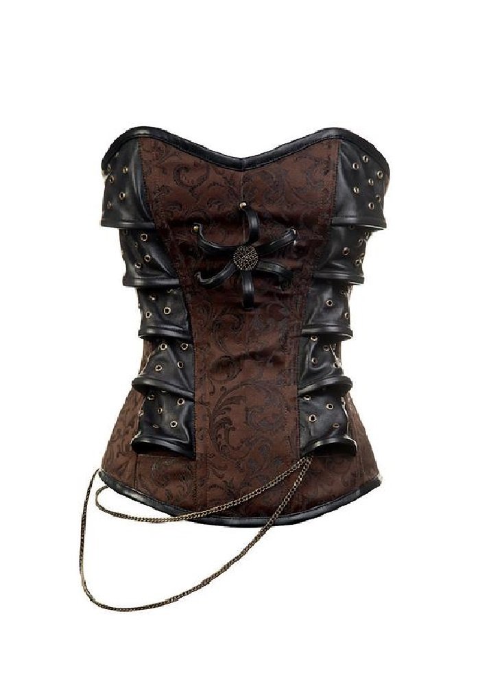 Brown Brocade Black Leather Chakra Steampunk Renaissance Costume Overbust Corset | Gothic Victorian Steampunk Fashion | Perfect for Cosplay, Renaissance Fairs & LARP Events