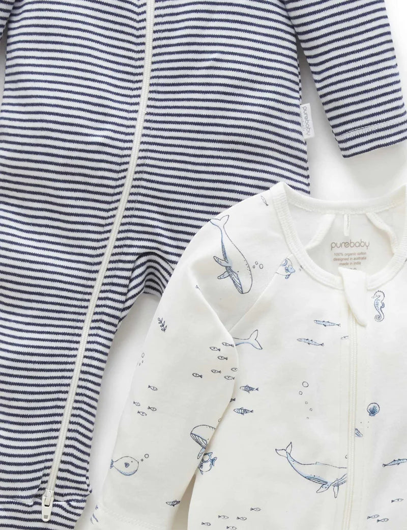Purebaby Organic Cotton Zip Growsuit 2-Pack - Vanilla Nautical Stripes | Soft Baby Sleepwear for Boys & Girls | Perfect for Nursery, Daycare & Playtime