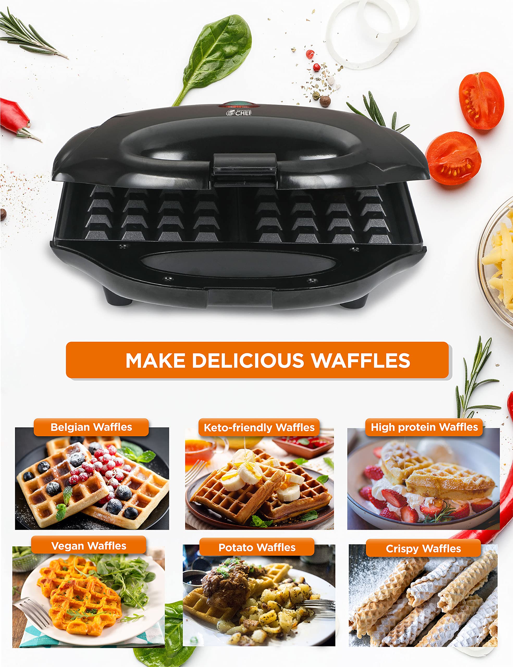 Commercial Chef Waffle Maker - Nonstick Mini Electric Waffle Iron with Cool Touch Housing & Power Light, Easy to Clean - Perfect for Breakfast Waffles, Pancakes, Sandwiches & Quick Snacks at Home, Office or Cafes