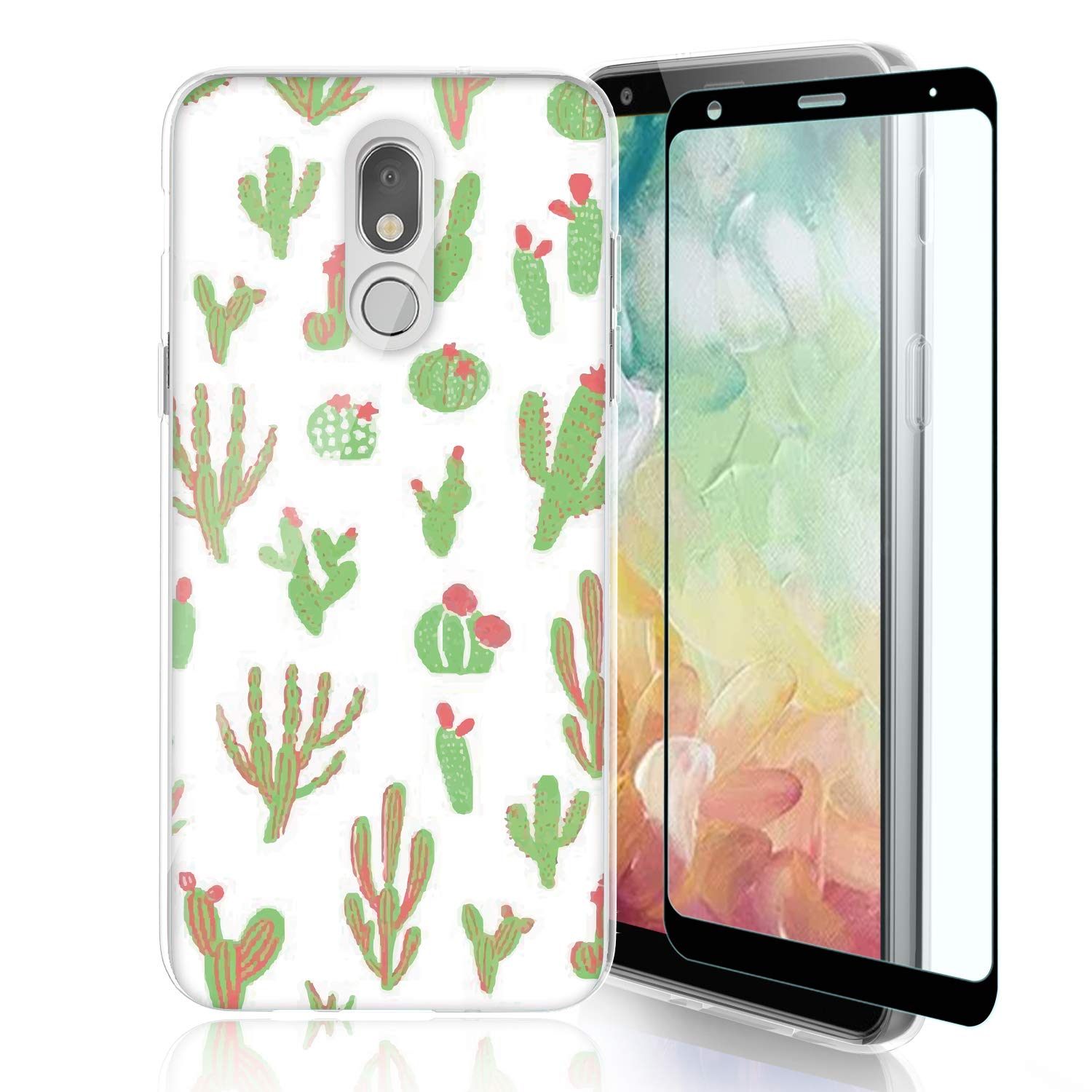 Premium Shockproof Phone Case for LG K40/K12 Plus/X4/Solo LTE/Harmony 3/Xpression Plus 2 with Tempered Glass Screen Protector - Matte TPU Clear Protective Cover (Cactus Green) - Perfect for Daily Use, Outdoor Activities & Travel Protection