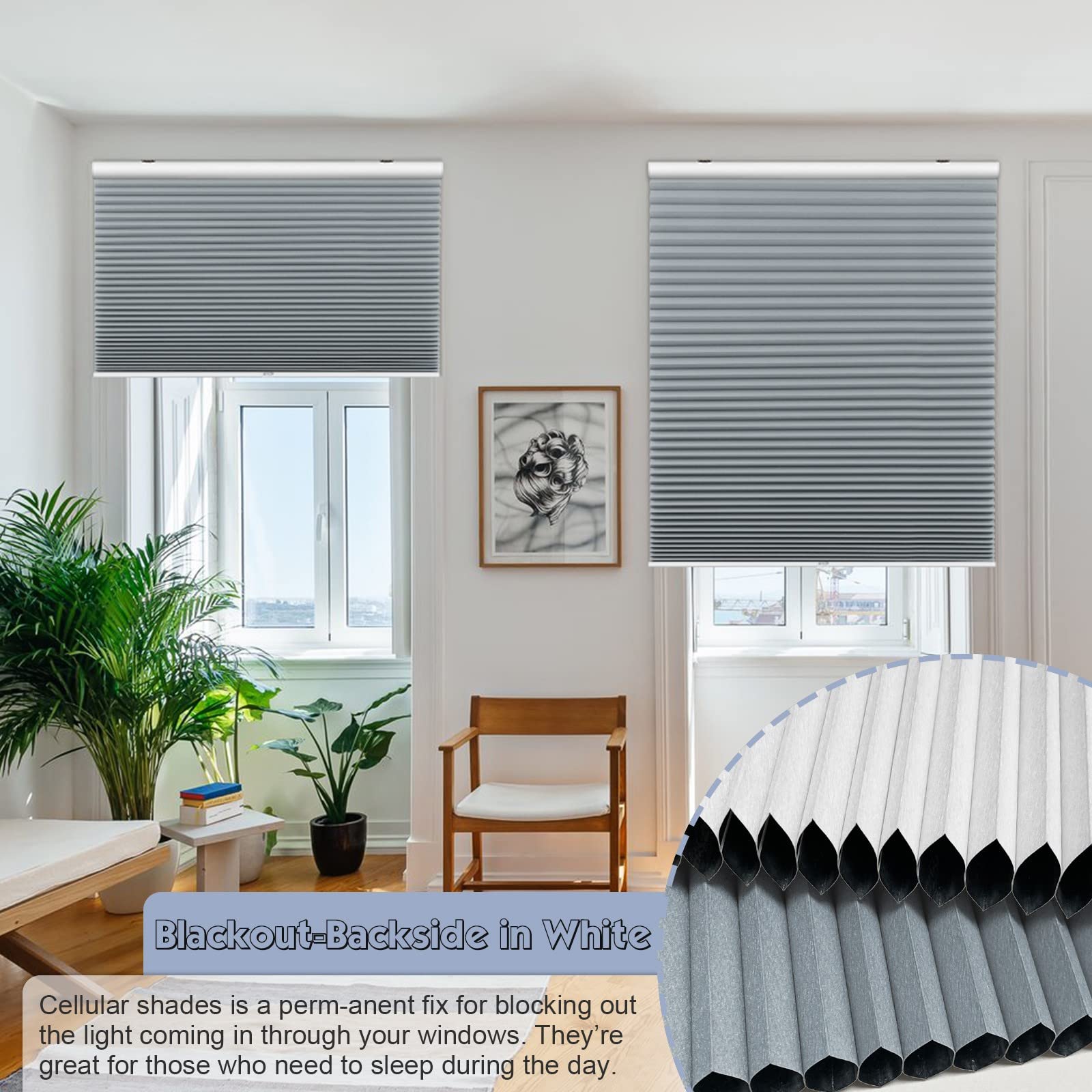 Custom Cut to Size Keego Blackout Cordless Window Cellular Shades - Noise Cancelling Honeycomb Blinds for Home, Kitchen, Bedroom & Office (38